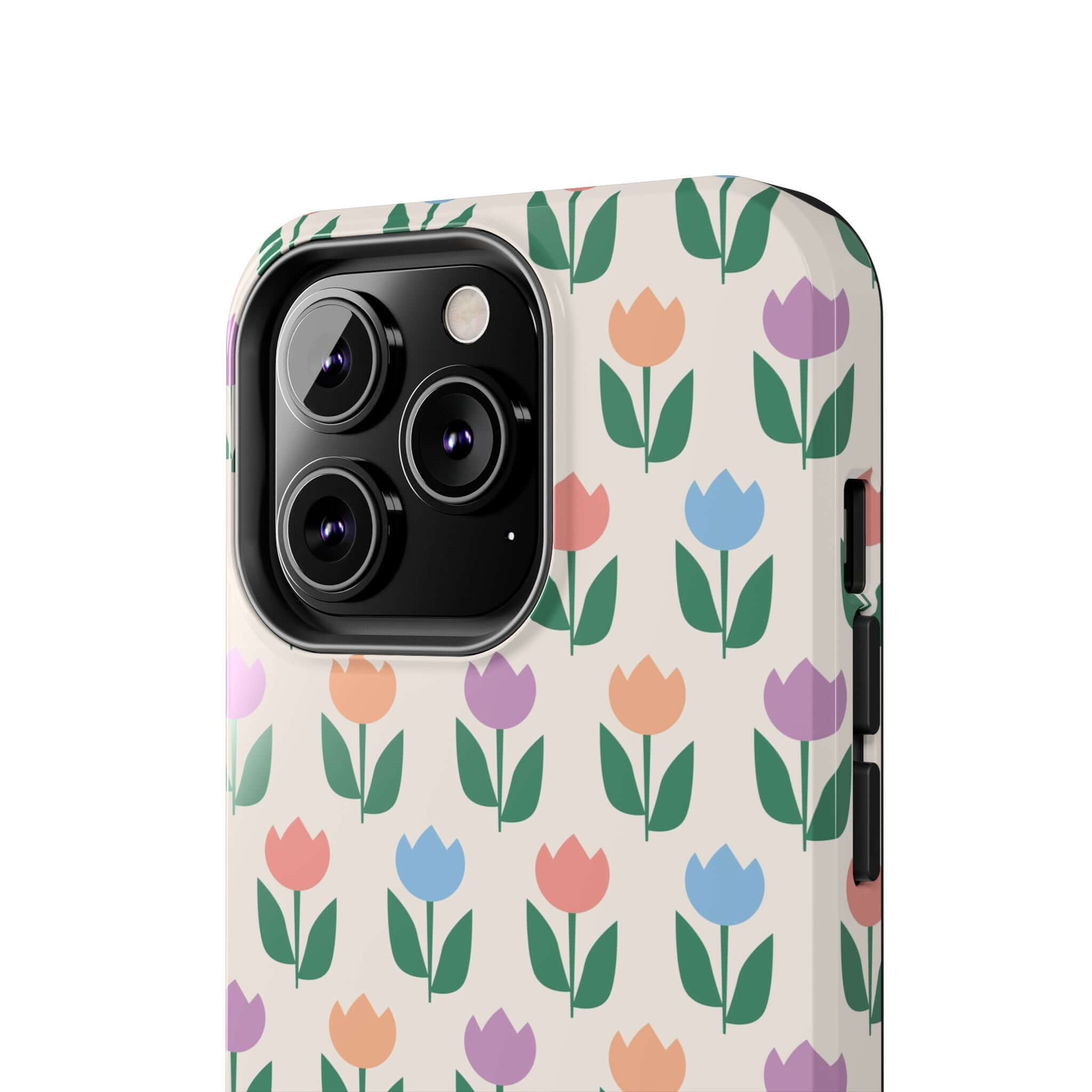 Vibrant floral phone case for iPhone 14 Pro Max featuring colorful tulips and a fun design.