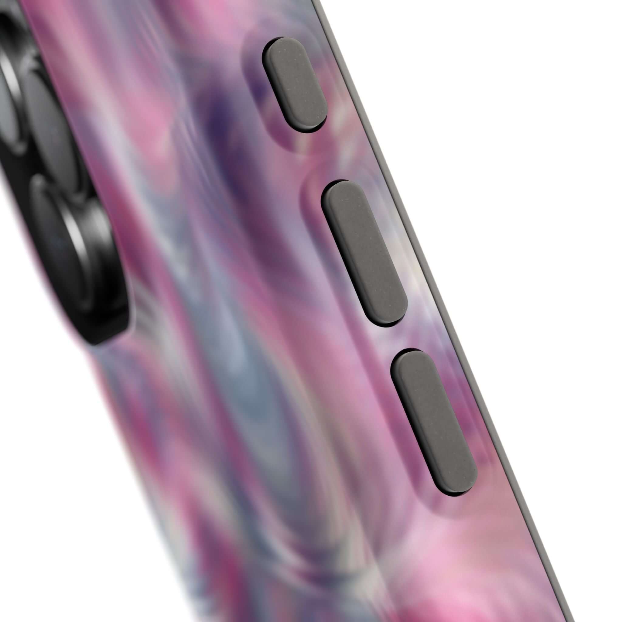 MagSafe iPhone case with purple abstract tie dye design, showcasing quirky and cute phone cover style.