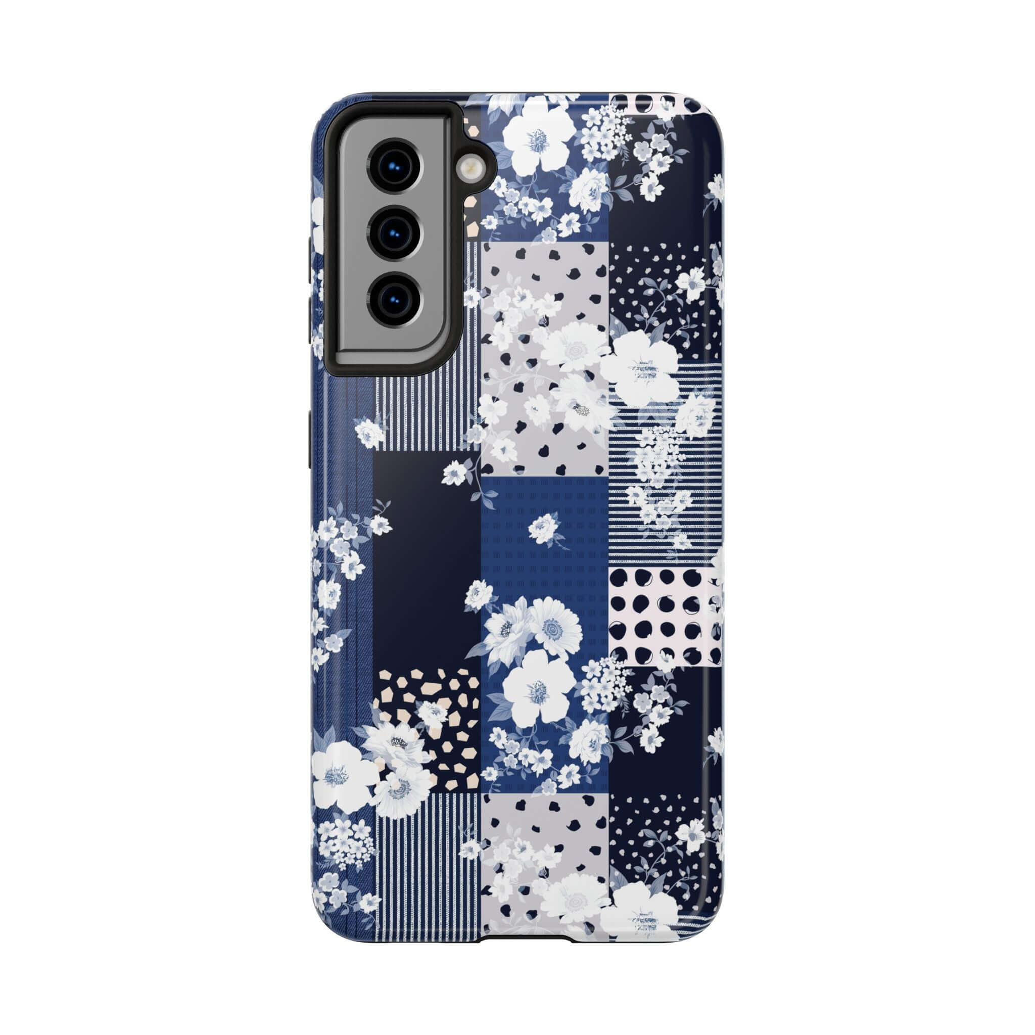 Cute Sorority Book Club phone case with blue floral patchwork design for iPhone or Samsung.