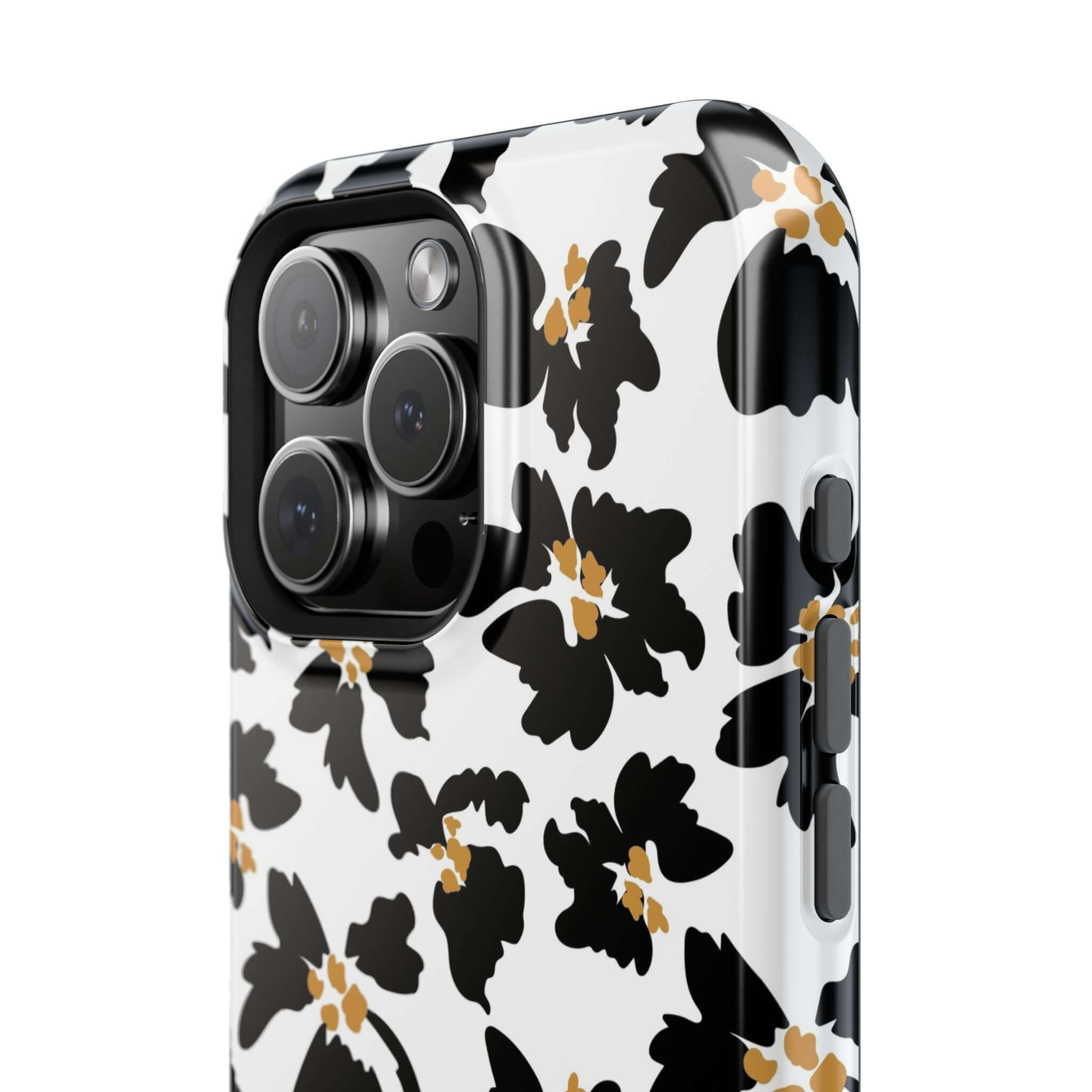 Stylish Noir Flora black floral case with modern animal print design for iPhone, featuring cute MagSafe compatibility.