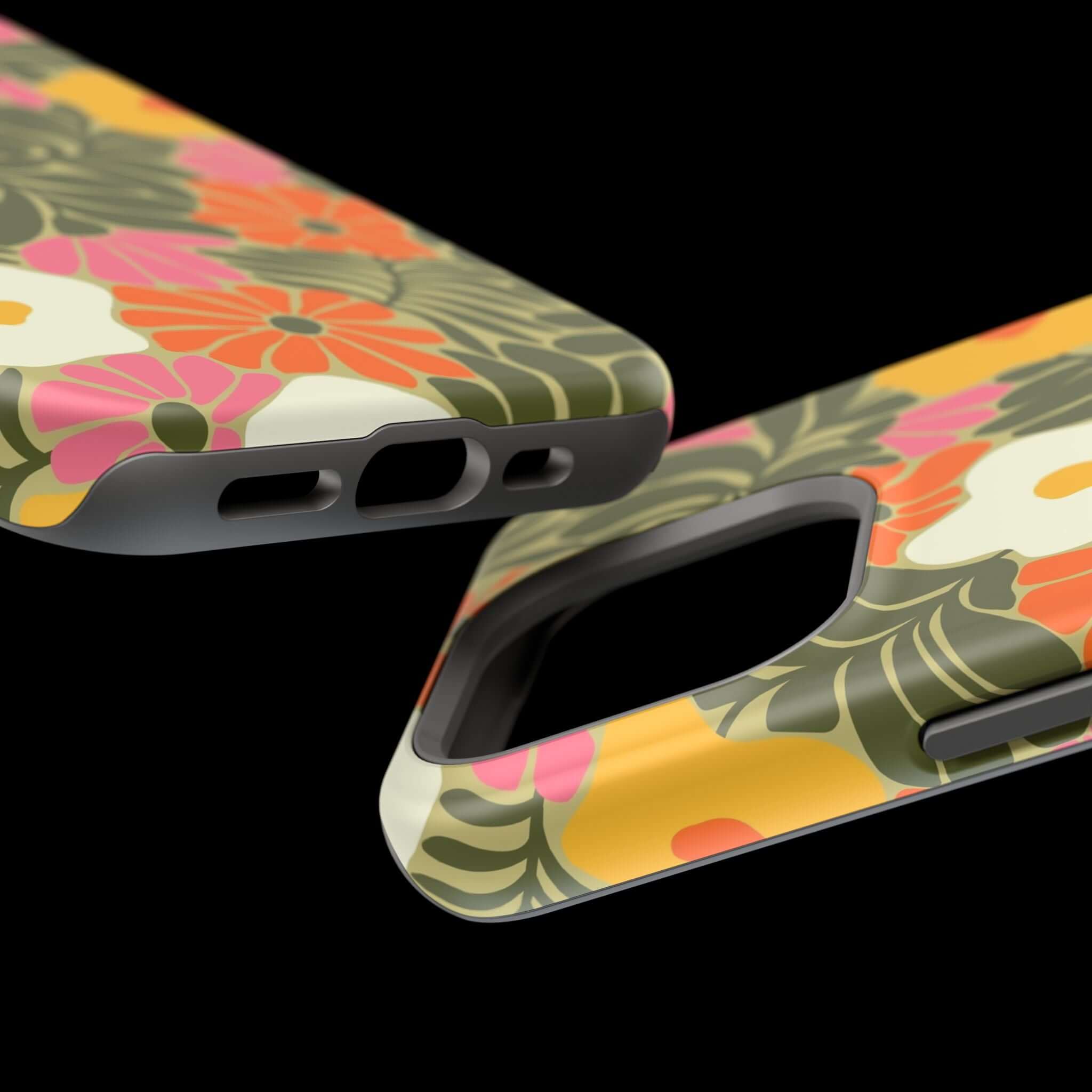 Close-up of a retro floral phone case showcasing tropical design and MagSafe compatibility for Apple iPhone.