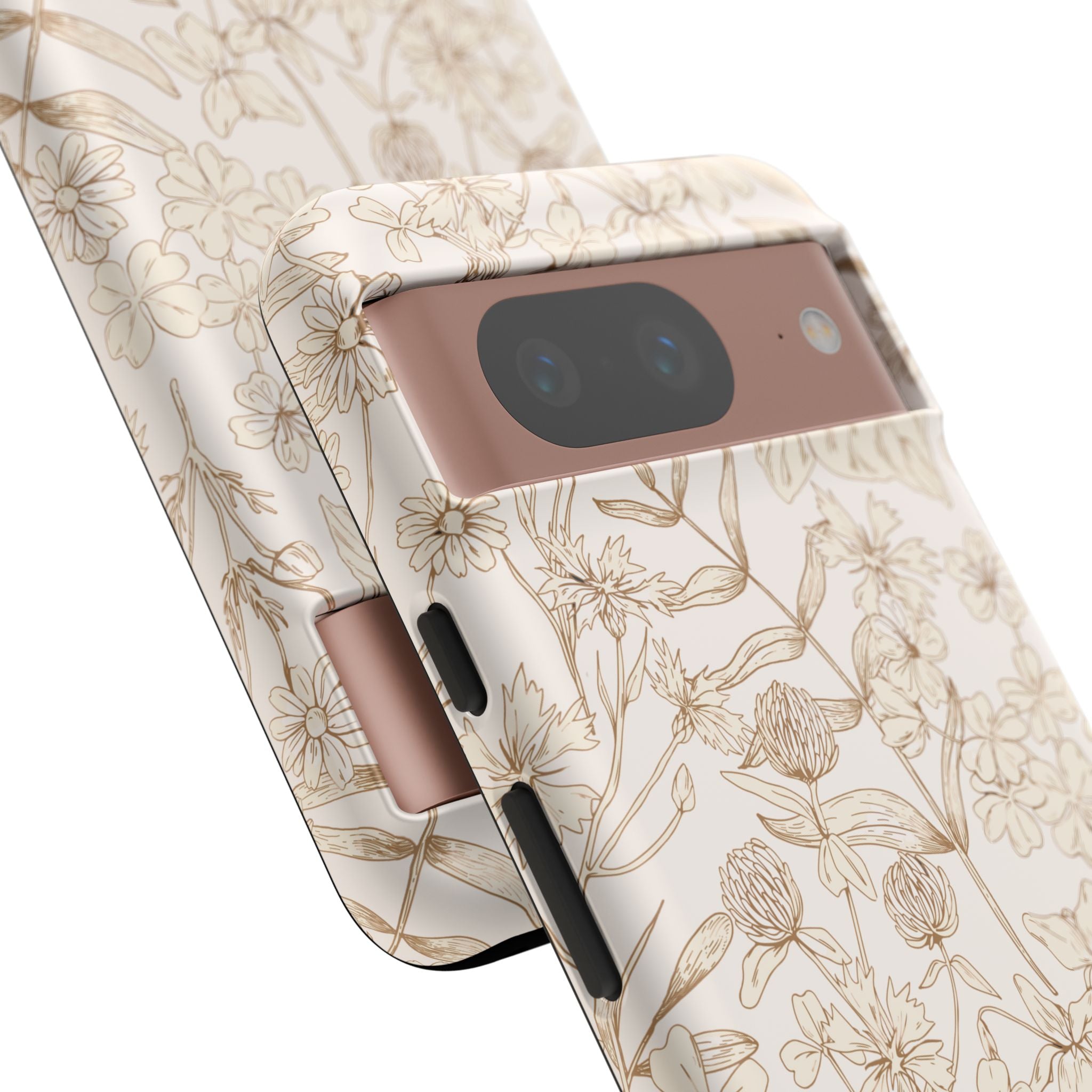 Beige and tan garden design phone case with floral pattern for Samsung; cute phone case also compatible with iPhone 16.