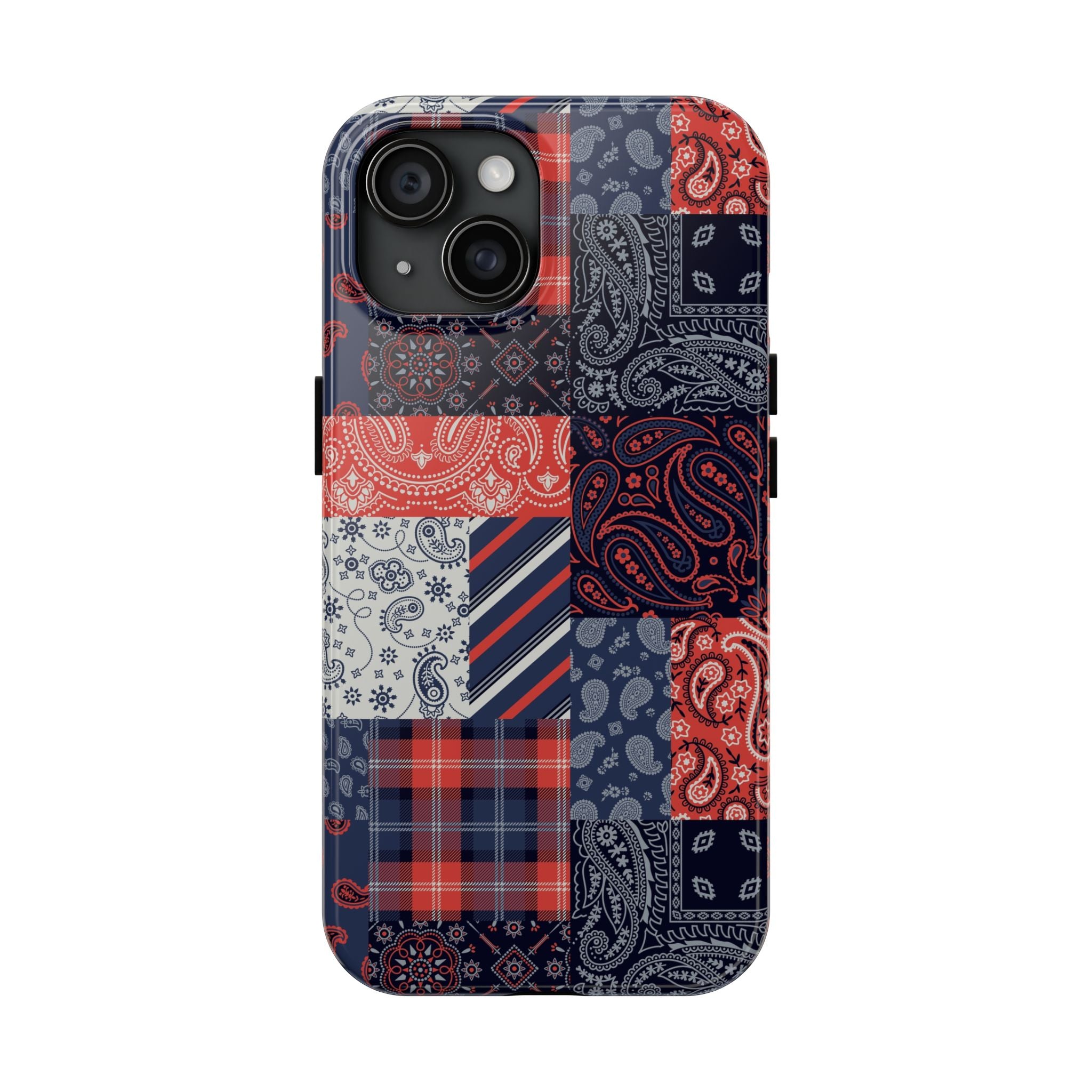 Boho bandana patchwork iPhone 14 Pro case with red, blue, and white patterns - cute and bookish phone case for a fashion-forward style