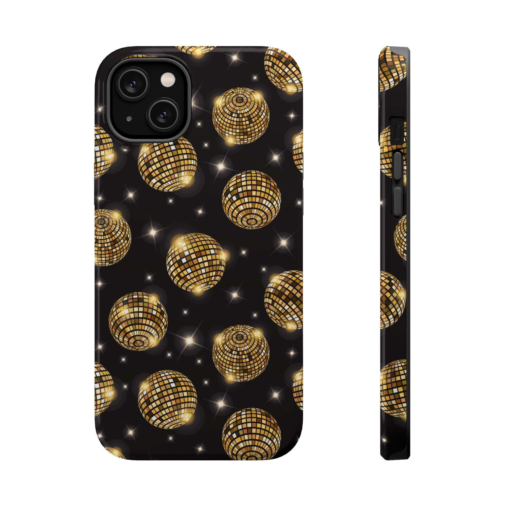 Cute iPhone 14 gold disco ball phone case with free shipping; shimmering black and gold design perfect for a night out.