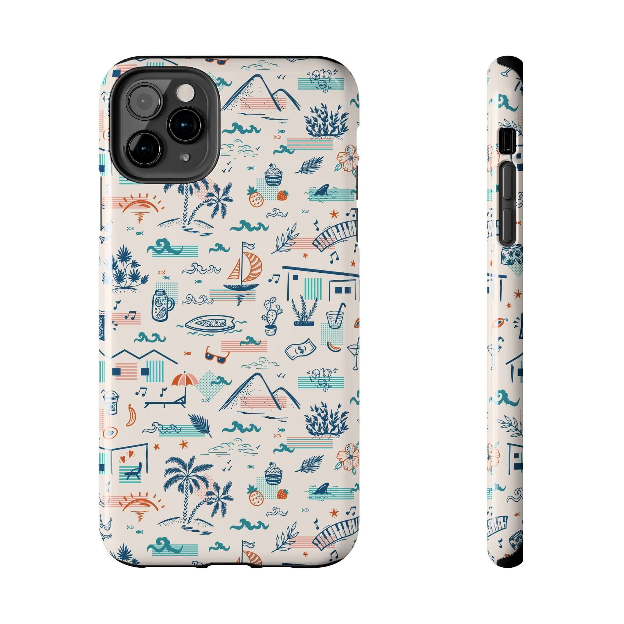 Colorful Forever on Vacation iPhone and Samsung case with summer fun design, featuring palm trees, waves, and beach elements