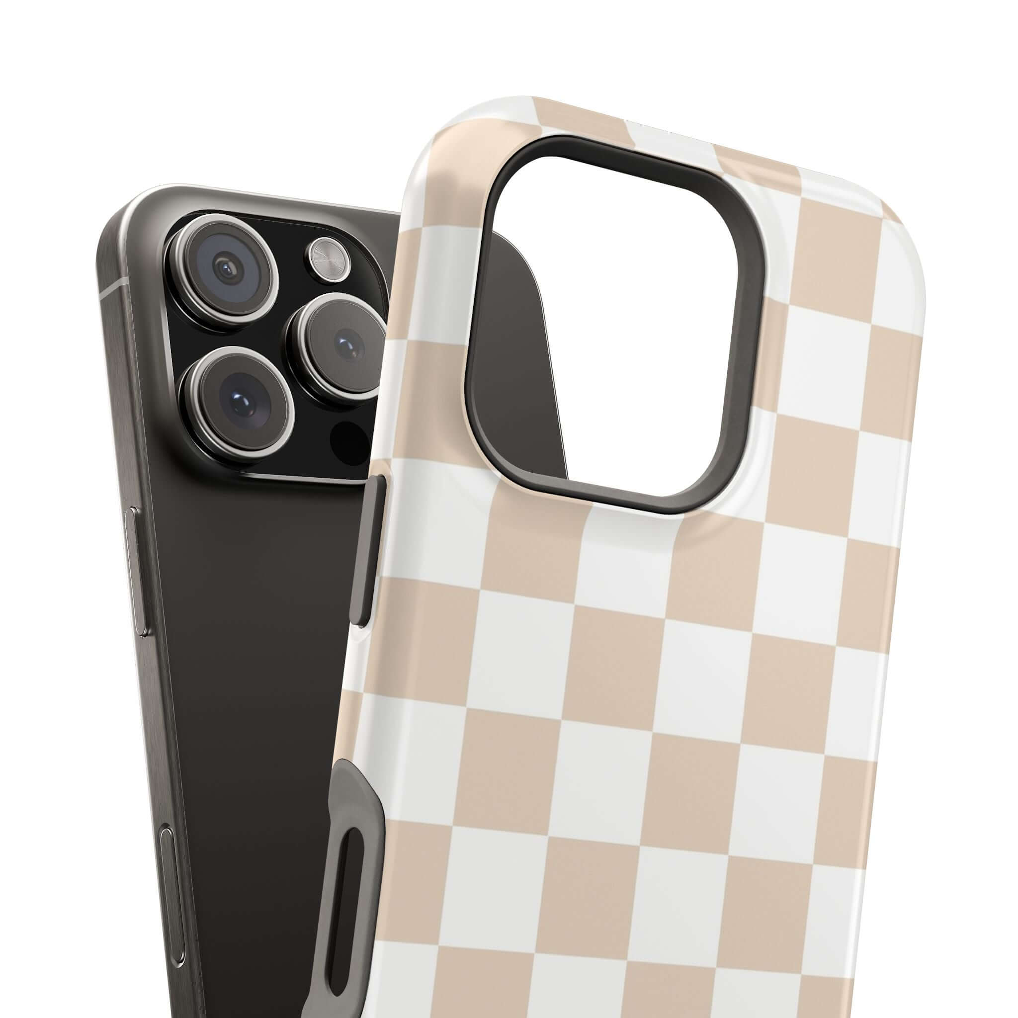 Cream checkered MagSafe iPhone 16 case, cute protective phone case with beige checkered design, stylish and playful phone accessory