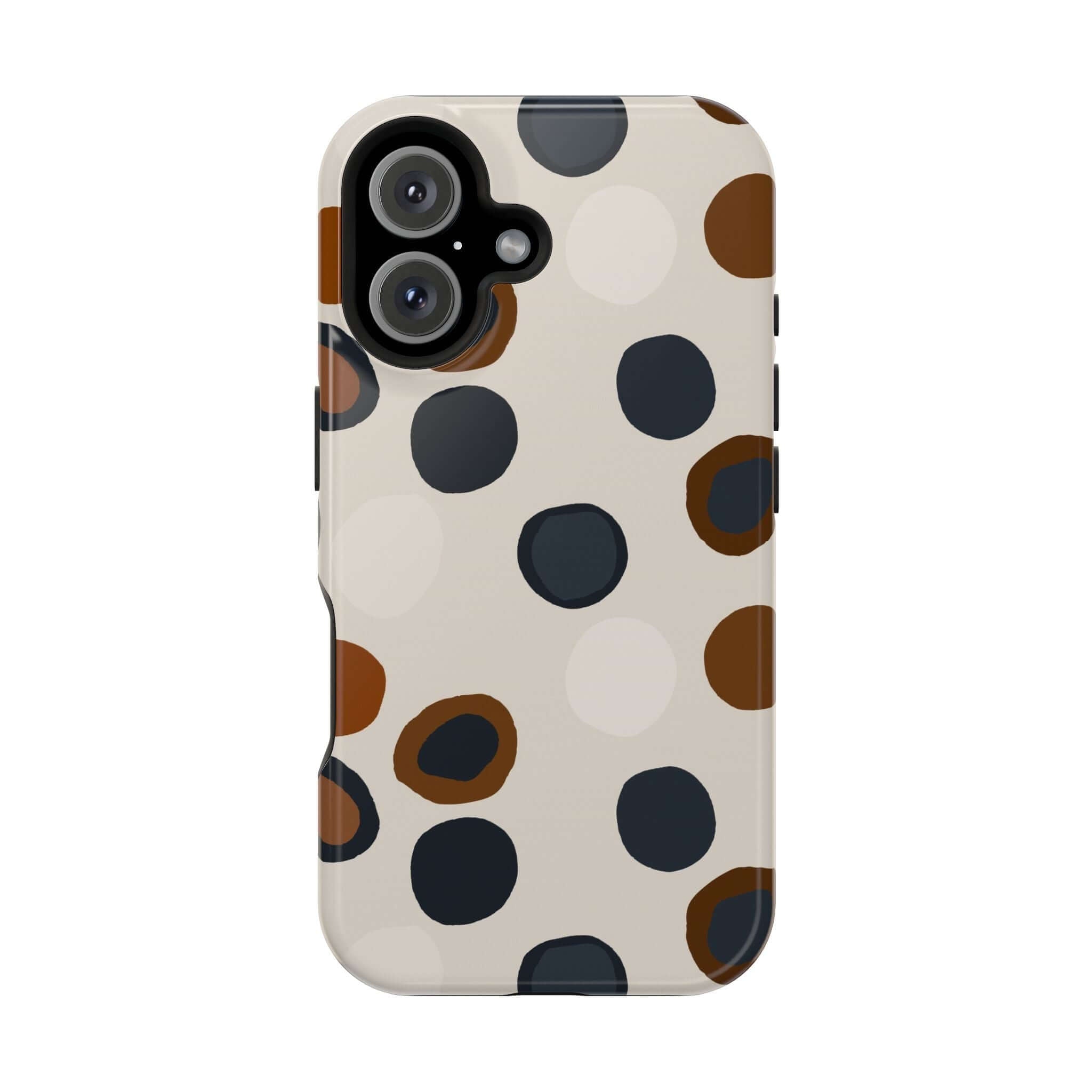 Chic Wanderer Modern Spots Case for iPhone with playful abstract brown spots design, a colorful and cute MagSafe phone case.