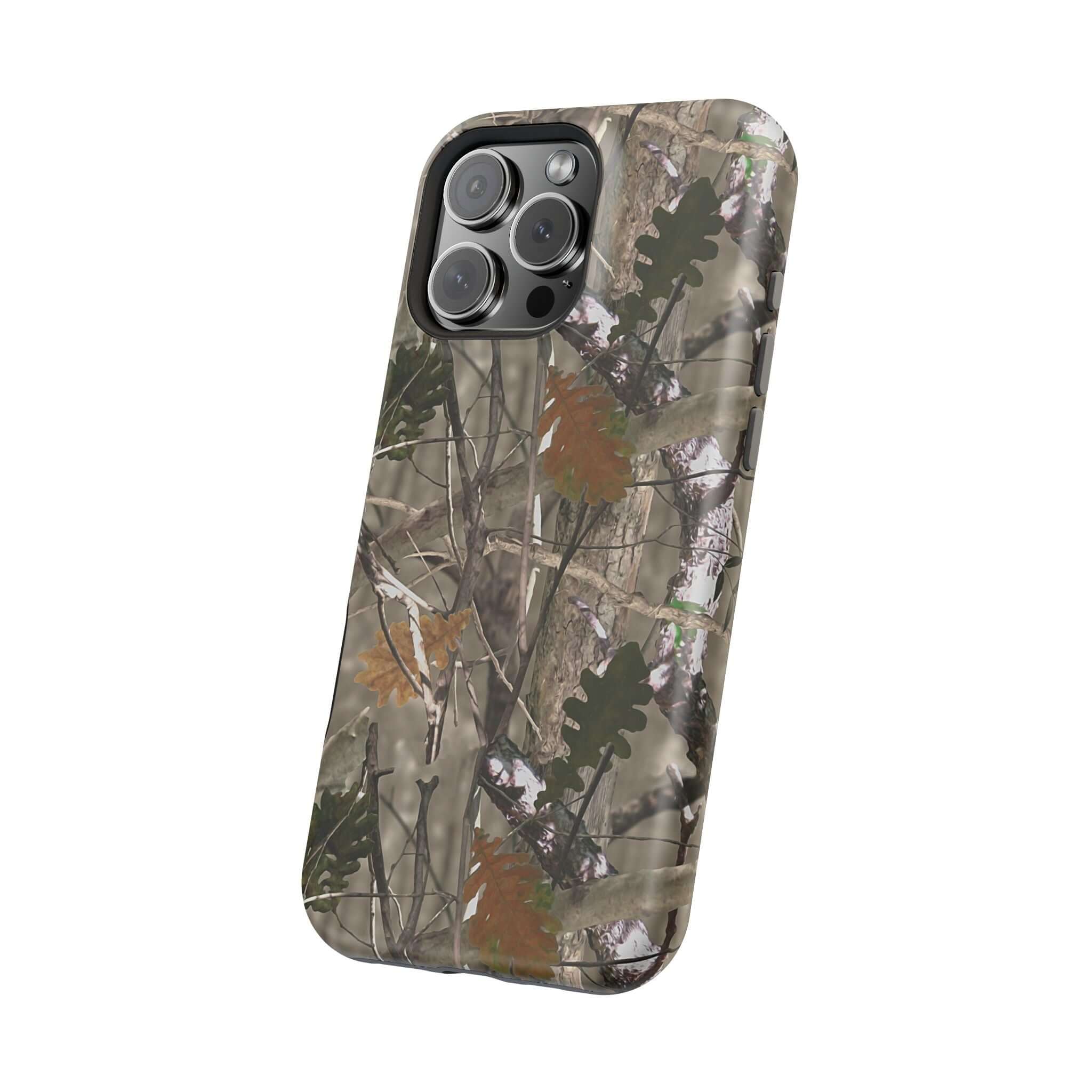 Modern forest camo phone case with MagSafe, featuring quirky animal print for iPhone protection and style.