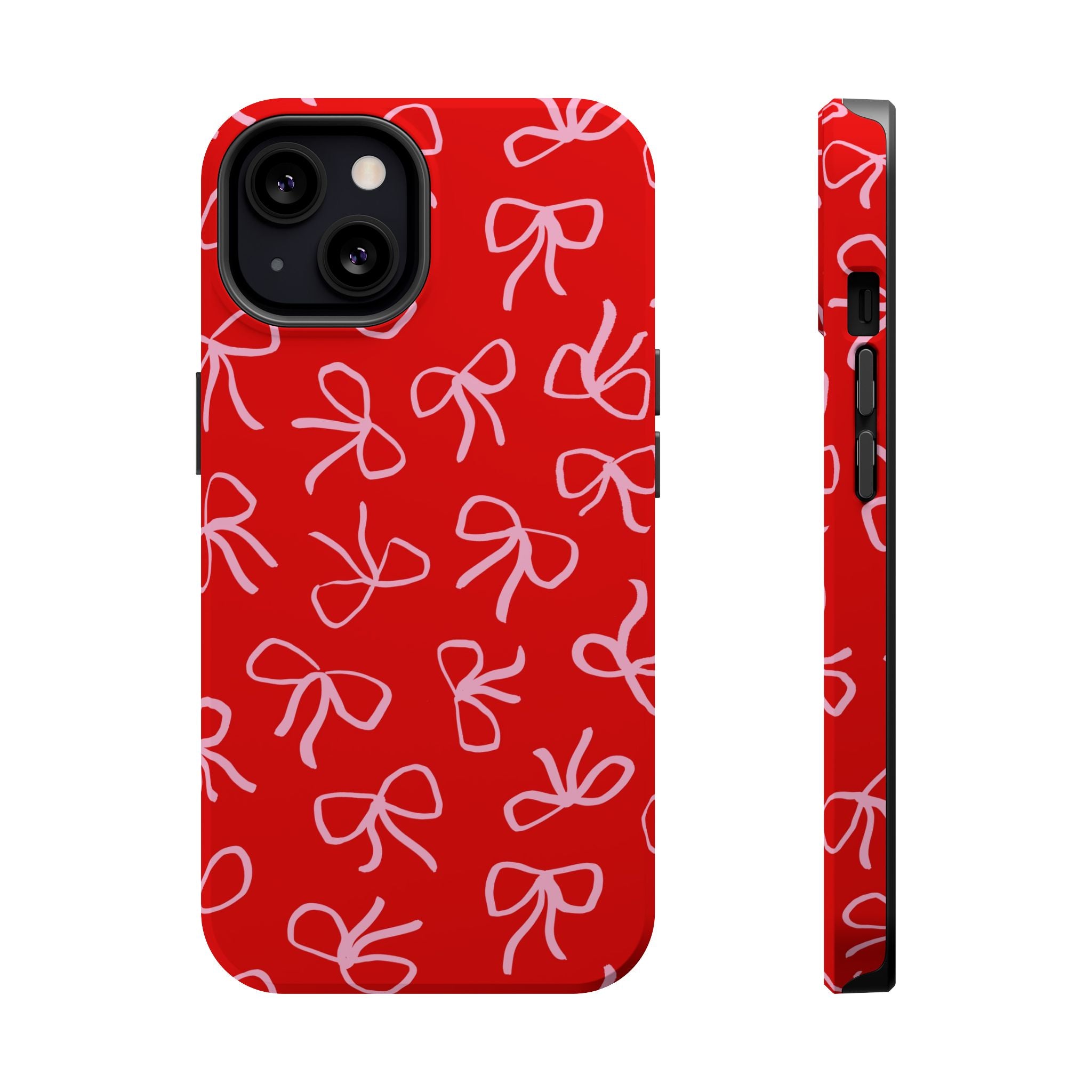 Red MagSafe phone case with white bows, cute and flirty design, Fierce Hottie Coquette style, perfect cute phone cover.