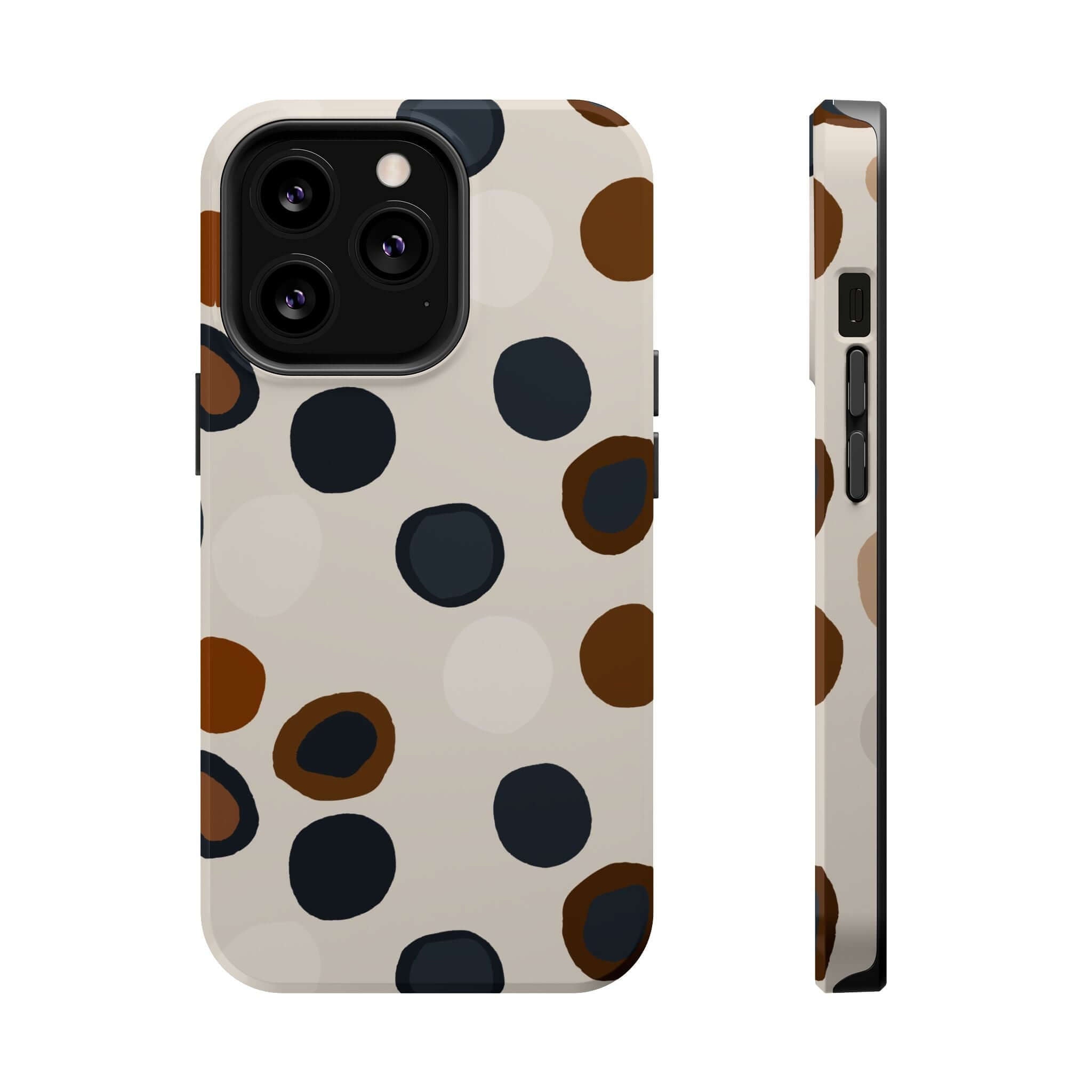 Chic Wanderer modern spots MagSafe case with brown and black abstract design, perfect colorful and cute iPhone case for fashion enthusiasts.