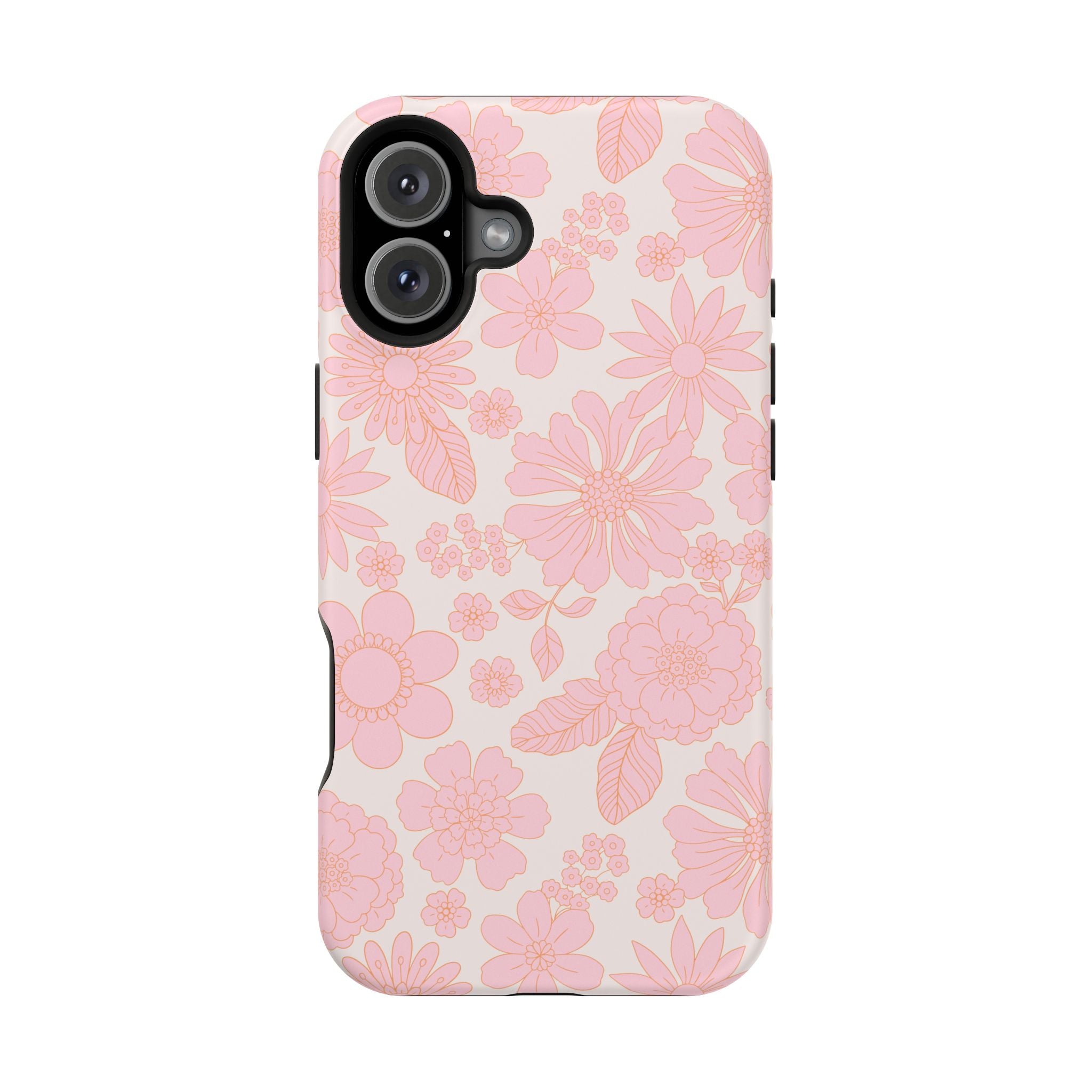 Pink floral iPhone 16 MagSafe case with cute design, perfect for cottagecore aesthetic and phone protection.