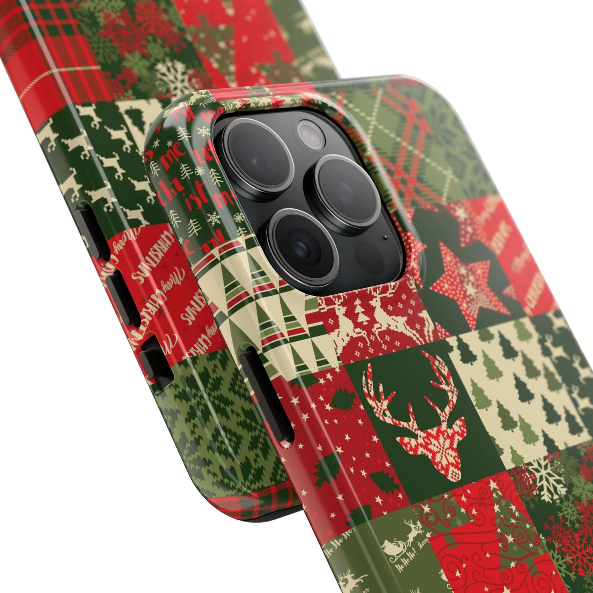 Green and red Christmas-themed iPhone case with festive holiday designs including reindeer and snowflakes, cute phone case design.