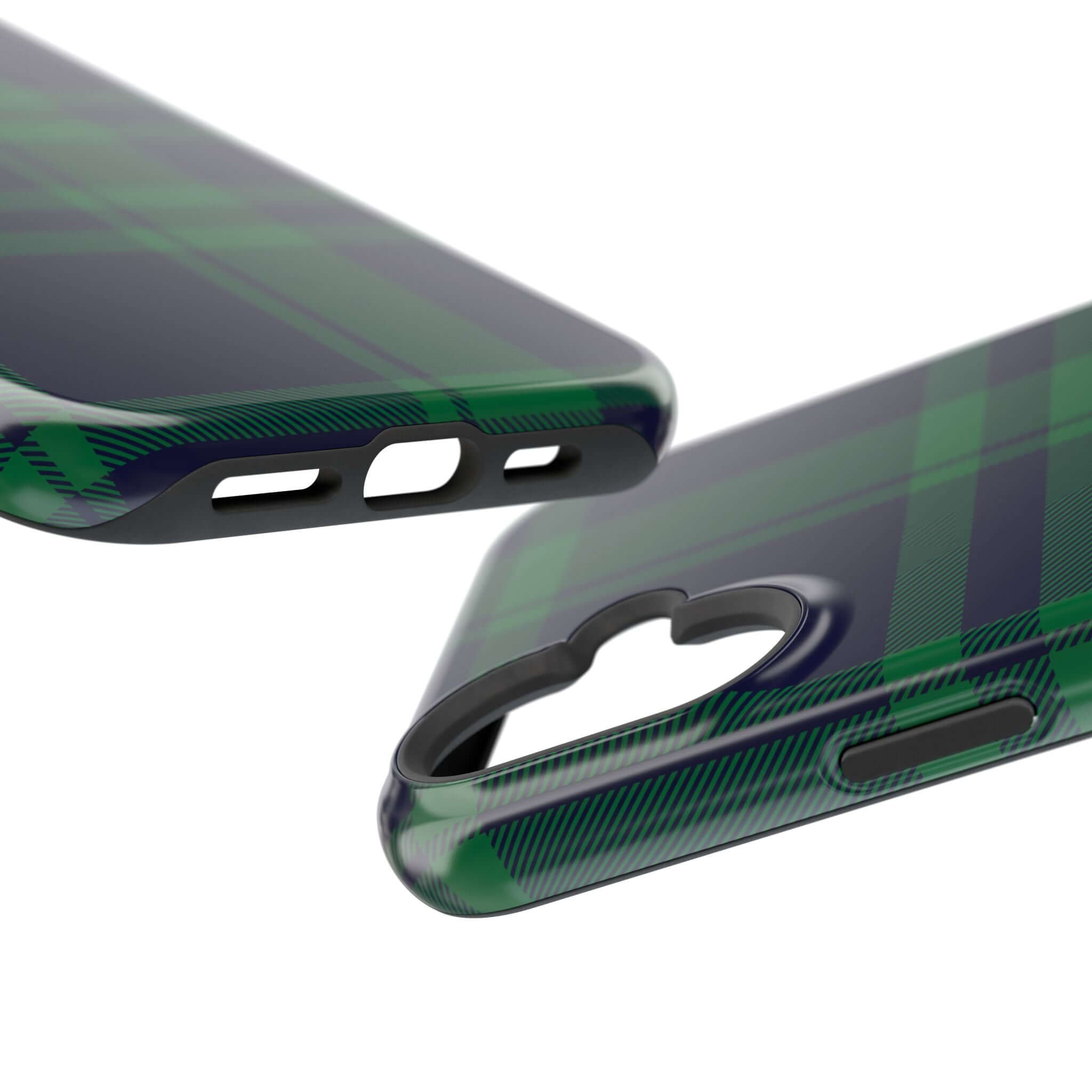 Close-up of Mistletoe Plaid MagSafe Case showing cute plaid design and protective features for iPhone.