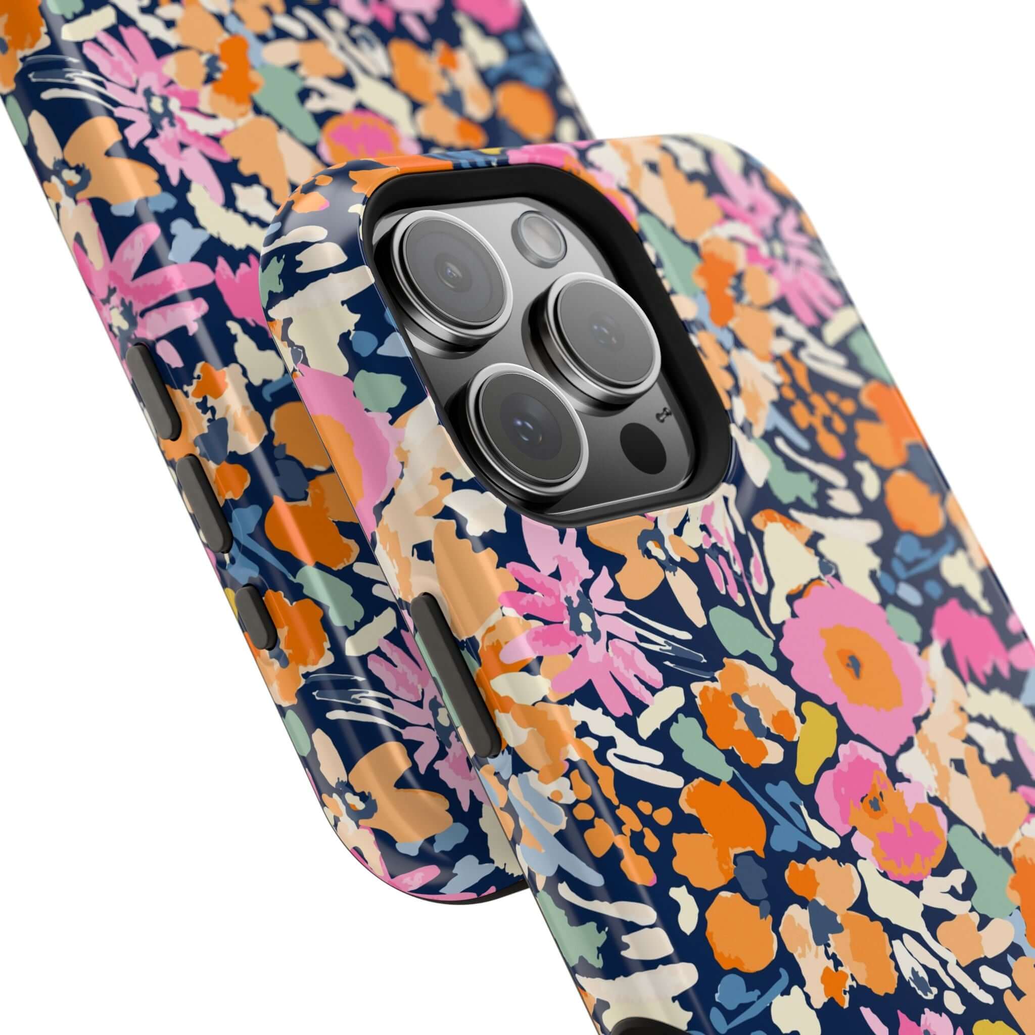 Colorful floral Botanic Burst MagSafe iPhone 16 case showcasing vibrant, cute, protective design.