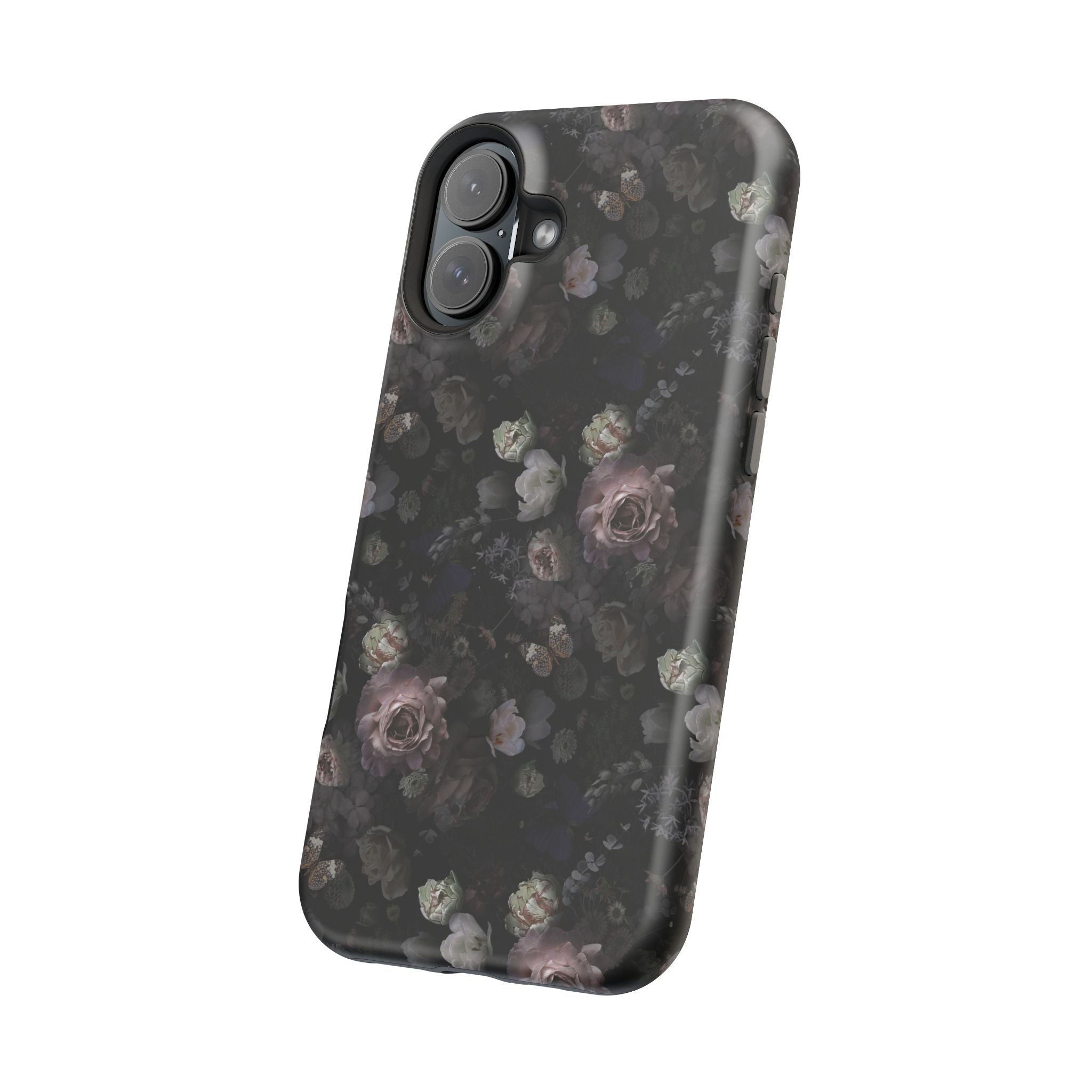 Midnight Curse black floral MagSafe iPhone case with cute roses design, stylish phone cover for trendy protection.