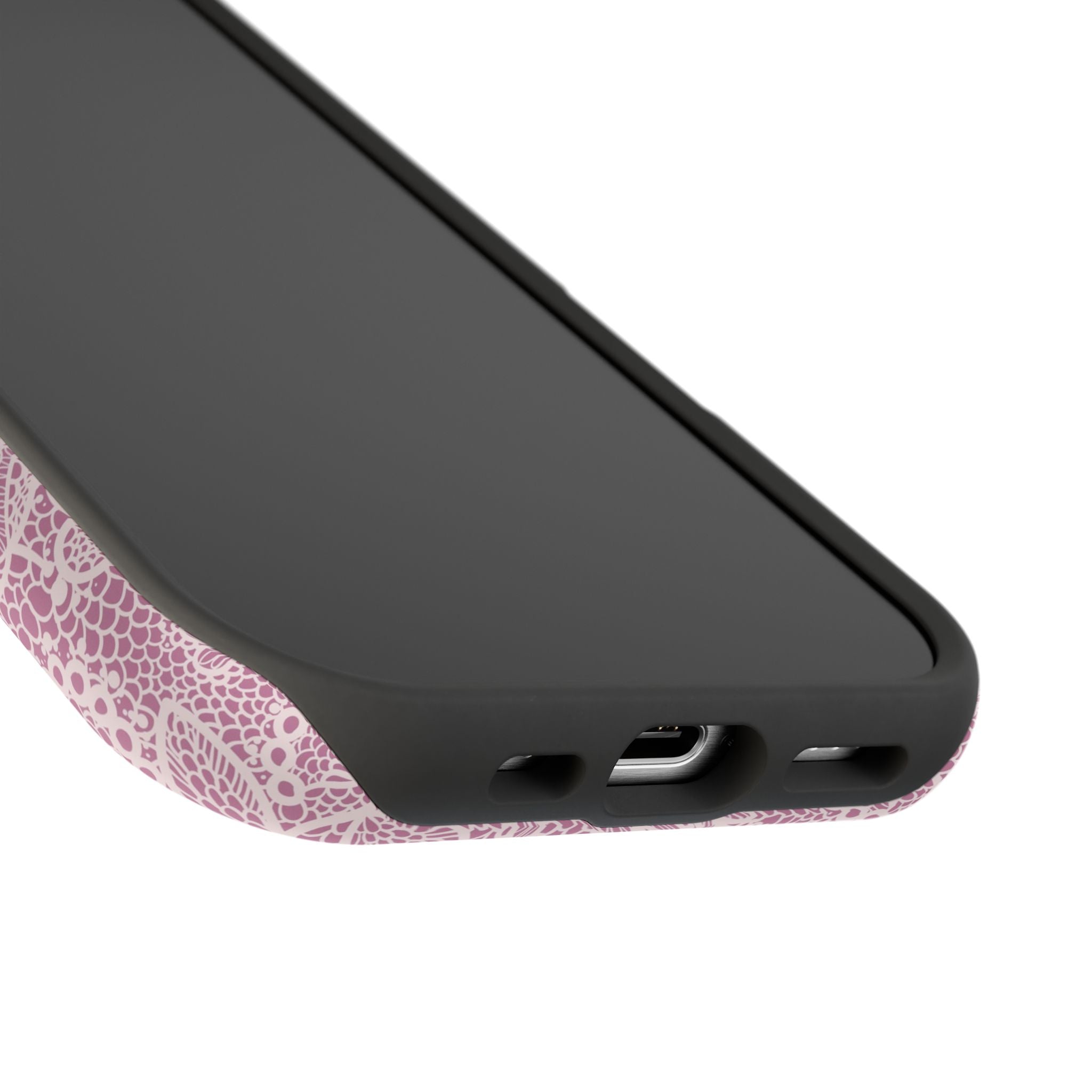 MagSafe iPhone case with pink lace design, offering a cute and protective floral phone cover with country charm.