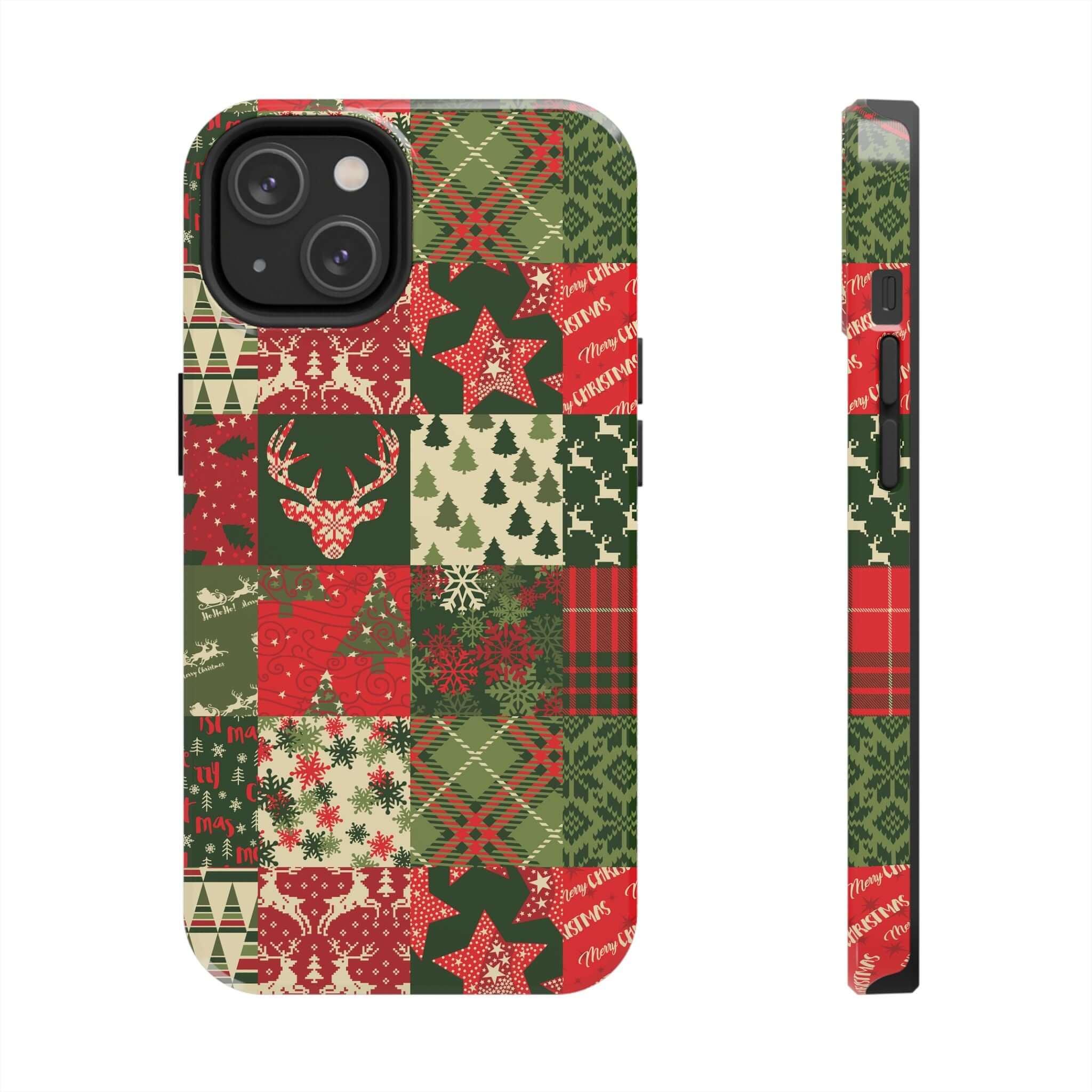 Festive green holiday iPhone case with Christmas trees, reindeer, and snowflakes design by Cozy Quiltmas. Cute phone case design.