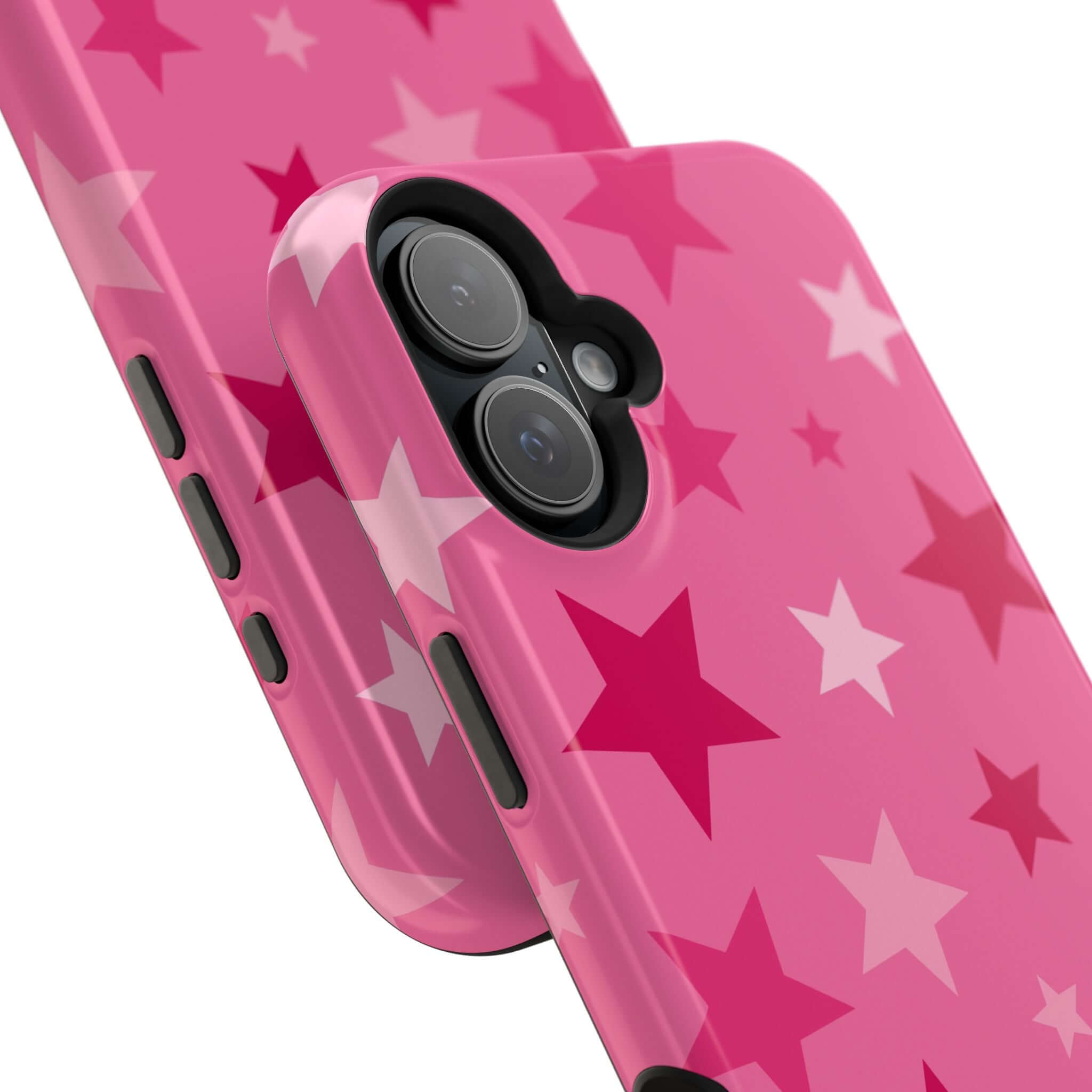 Cute pink iPhone case with colorful stars, perfect for trendy phone protection and style.