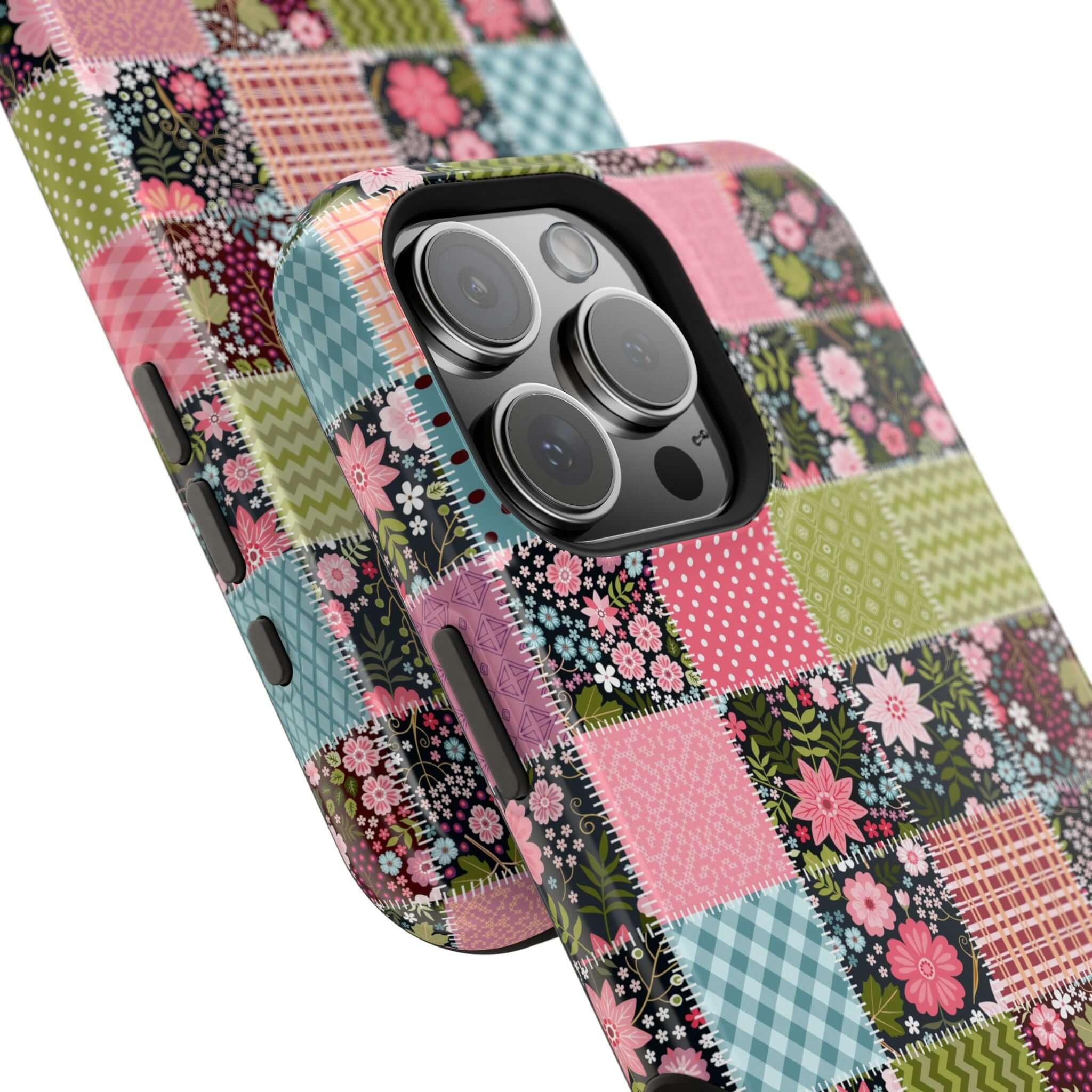 Cute floral patchwork MagSafe iPhone case showcasing vibrant wildflower design for free-spirited granola girls.