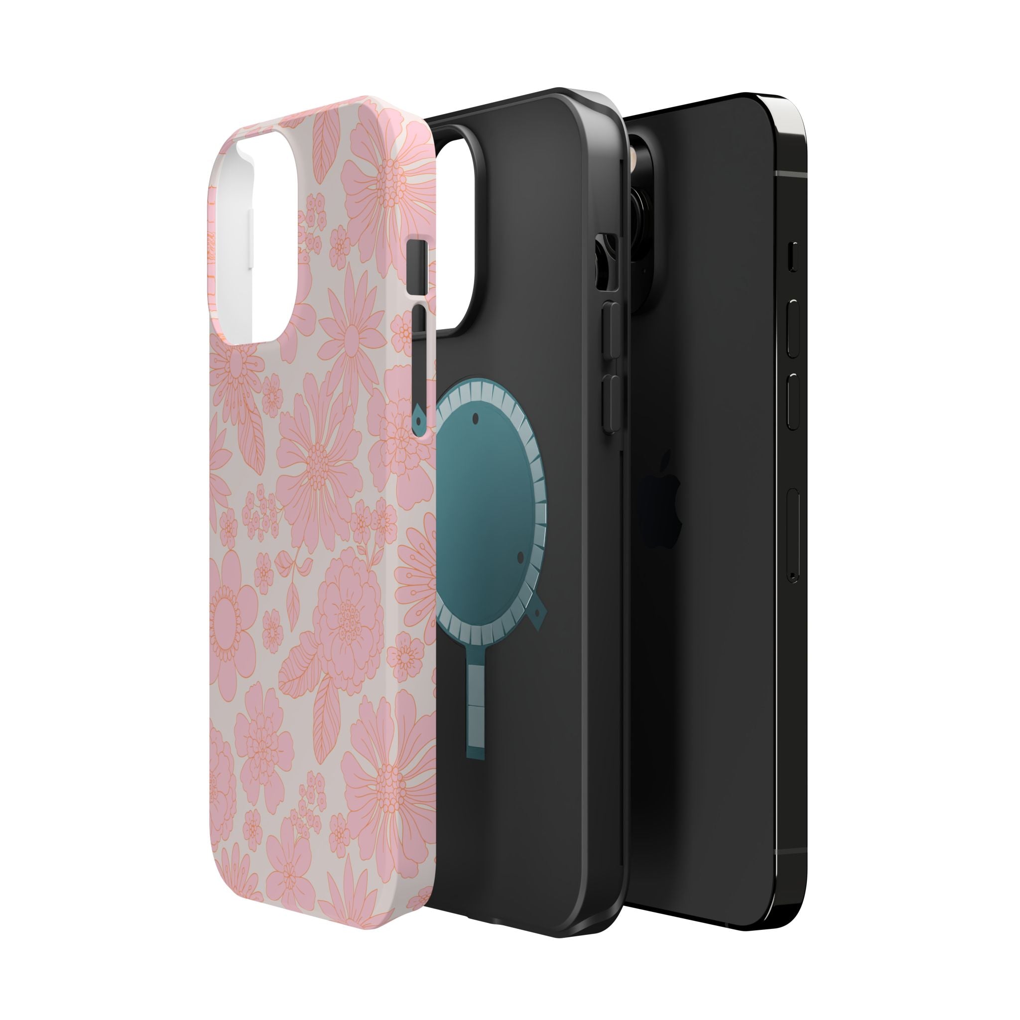 Pink floral MagSafe iPhone 16 case with charming cottagecore design, perfect for a cute phone cover.