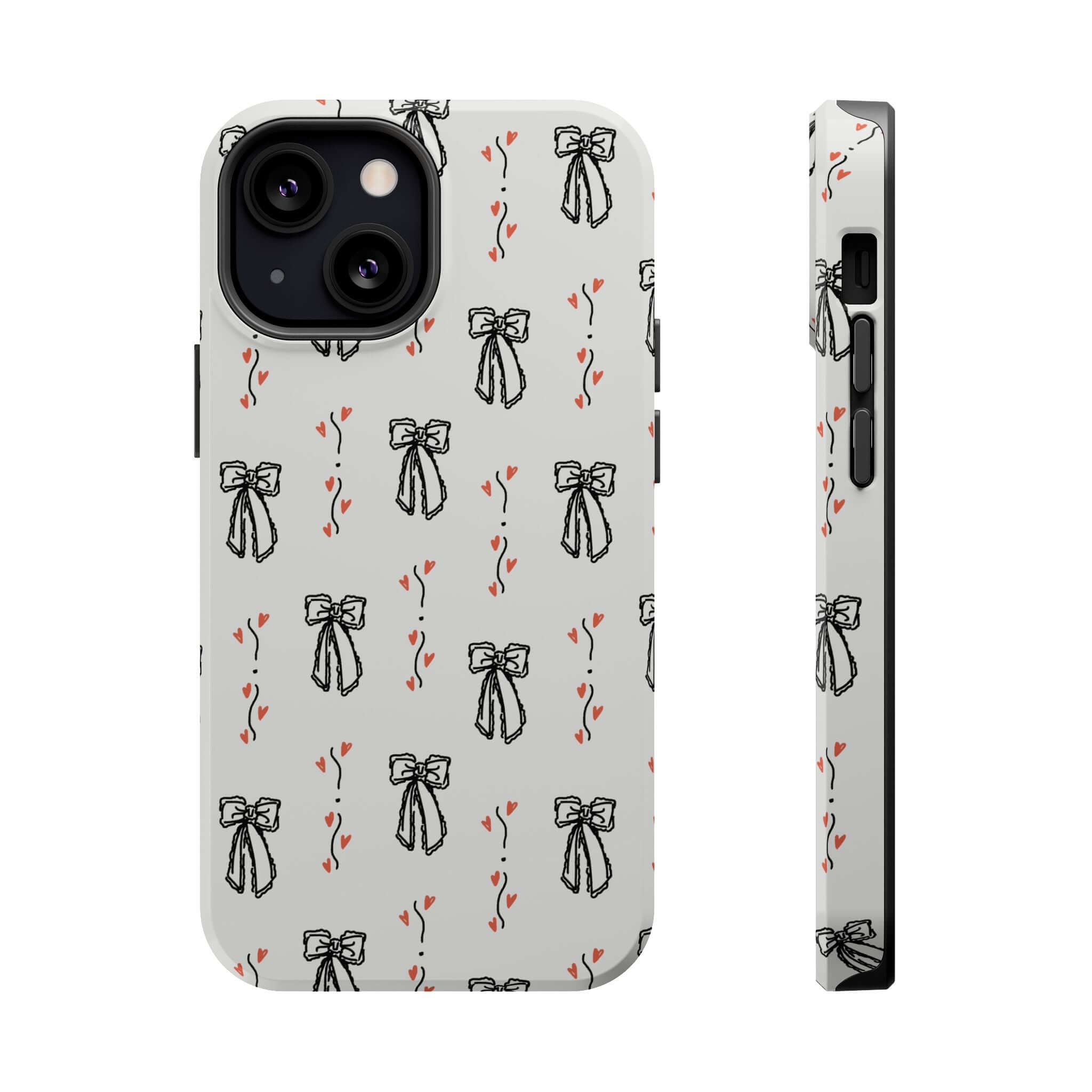 Cute black bow design on vintage Lovelace Coquette iPhone 16 case, perfect for fashion-forward individuals seeking style and charm.