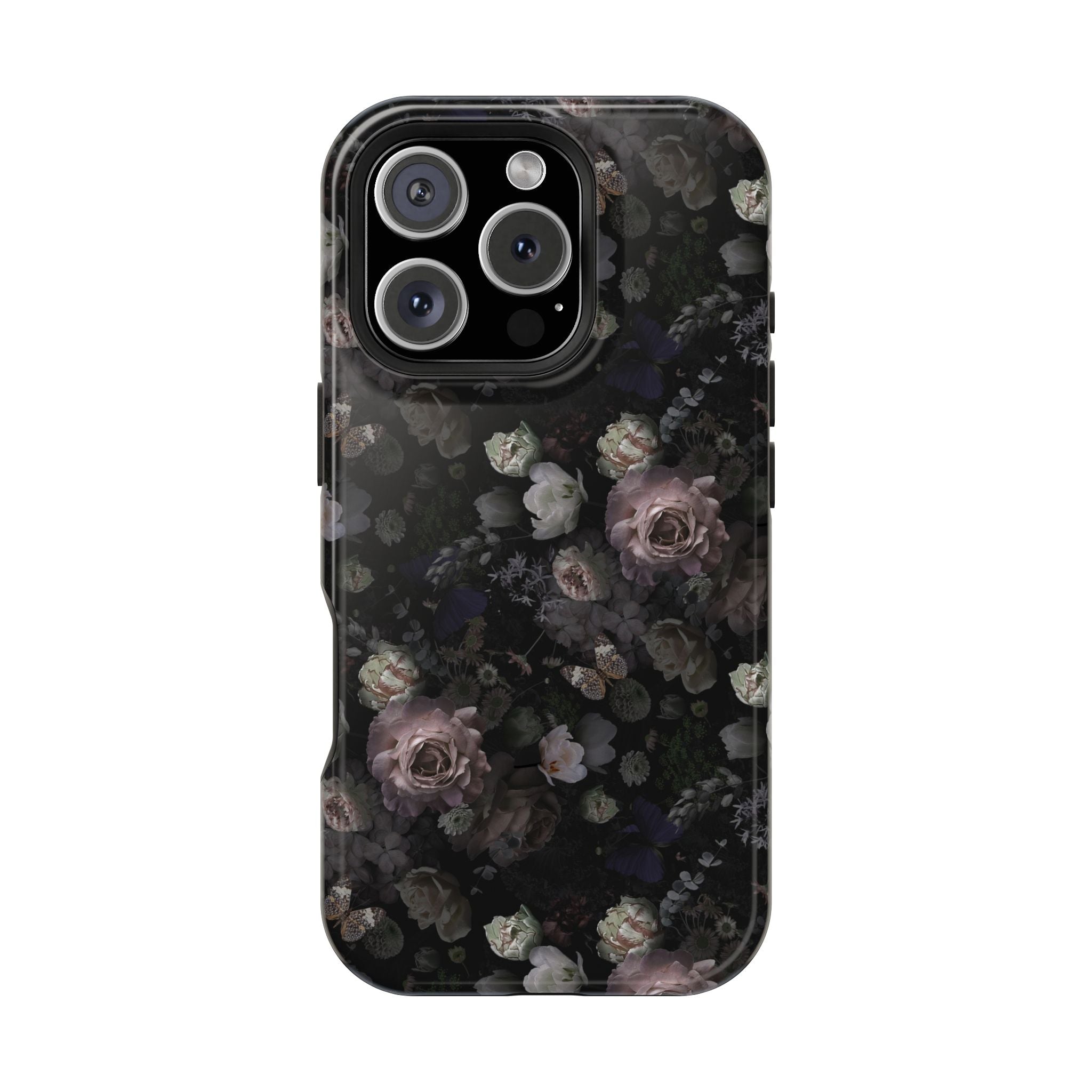 Midnight Curse Black Floral MagSafe iPhone Case - Cute phone cover with dark roses, perfect floral iPhone case for stylish protection.