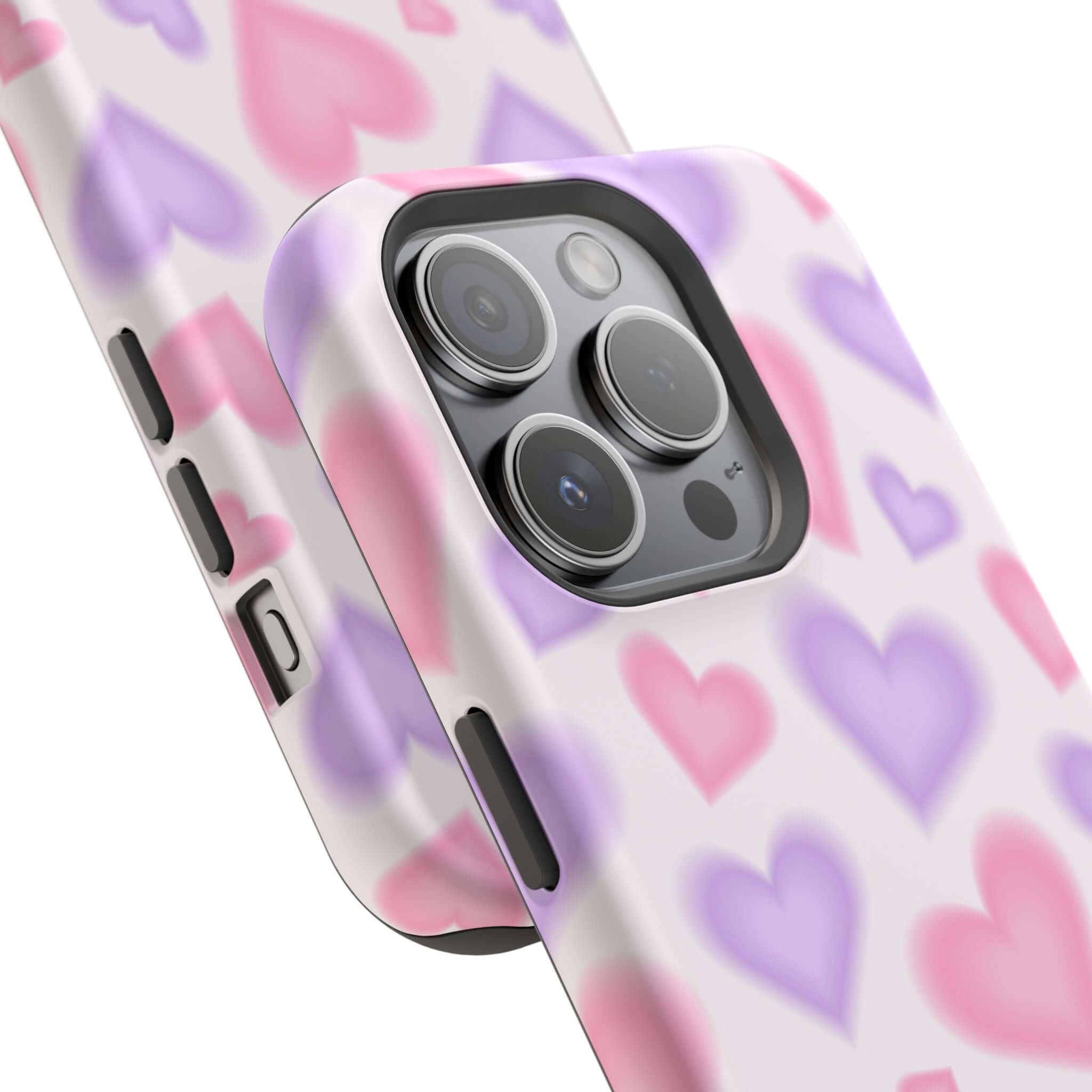 Blurred Love case featuring pink and purple hearts, a cute phone cover for Apple iPhone with MagSafe technology.