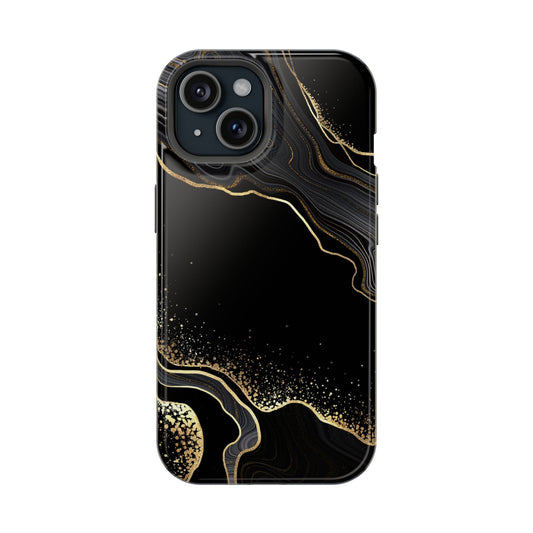 Golden Eclipse black marble iPhone 14 Pro case with abstract design, MagSafe compatible, cute and bookish phone case for stylish devices.