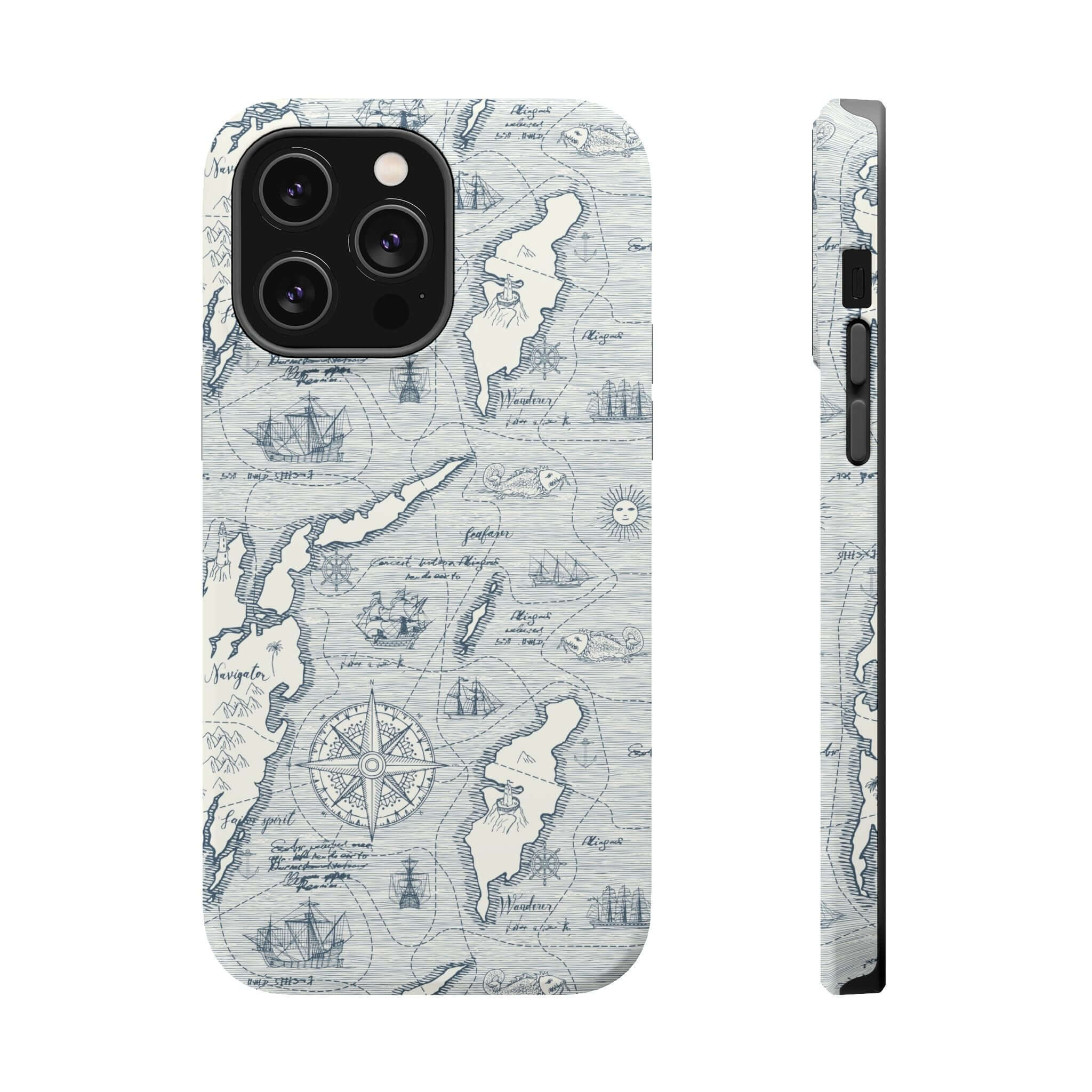 Teal Pirates Passageway nautical map phone case for iPhone 14 Pro Max with MagSafe, front and side views.