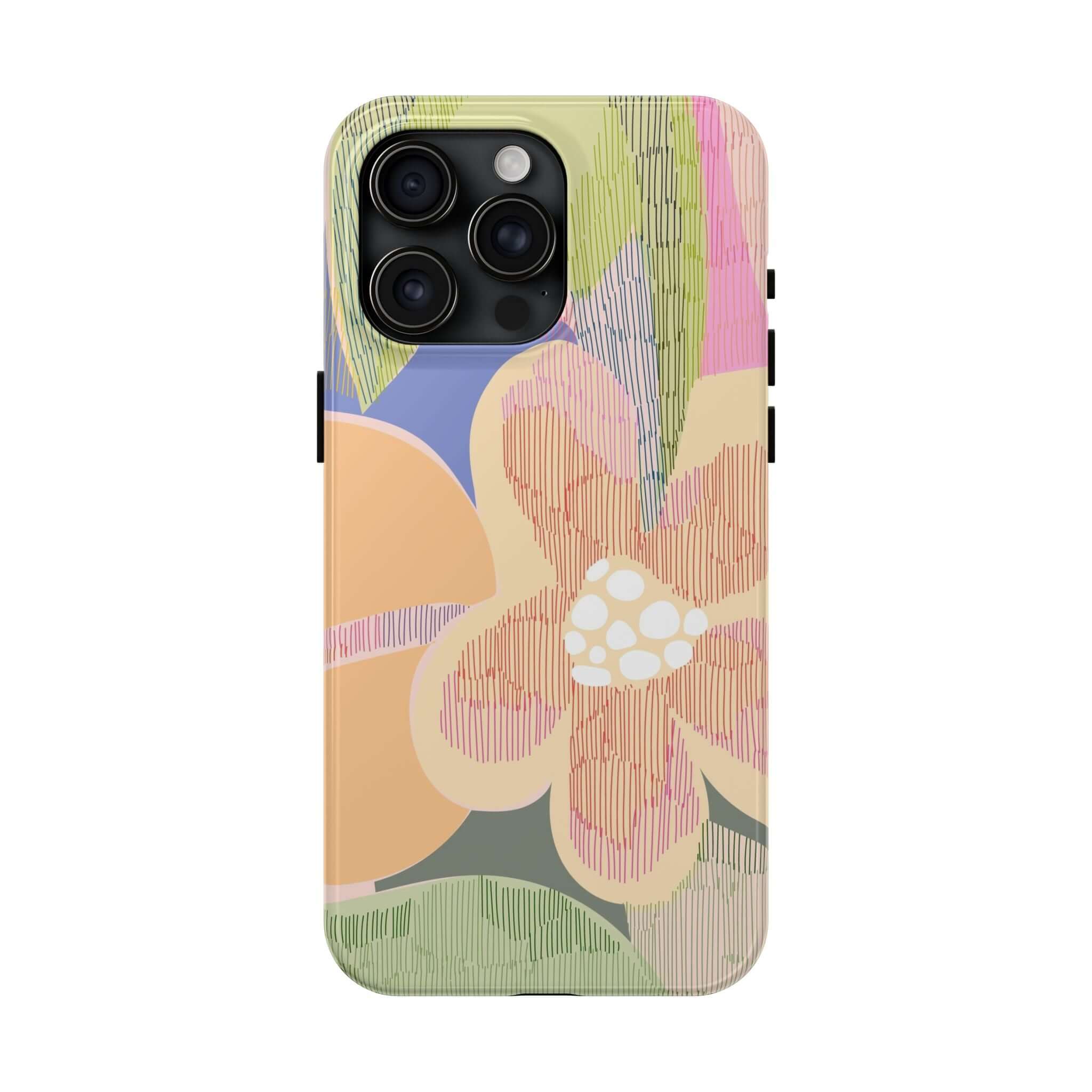 Colorful iPhone case with abstract floral design and palm trees, ideal for iPhone 14 Pro Max and Samsung S23. Cute and protective phone case.