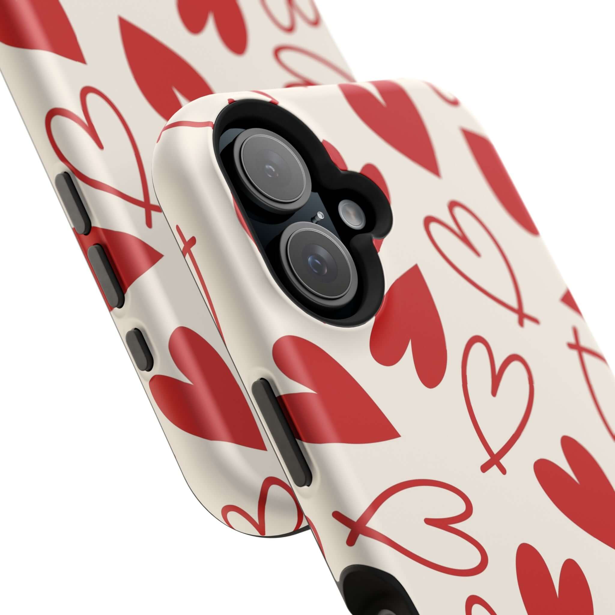 Cute phone cover with playful red hearts design on Be Mine iPhone case, showcasing a quirky and fun accessory for phone protection.