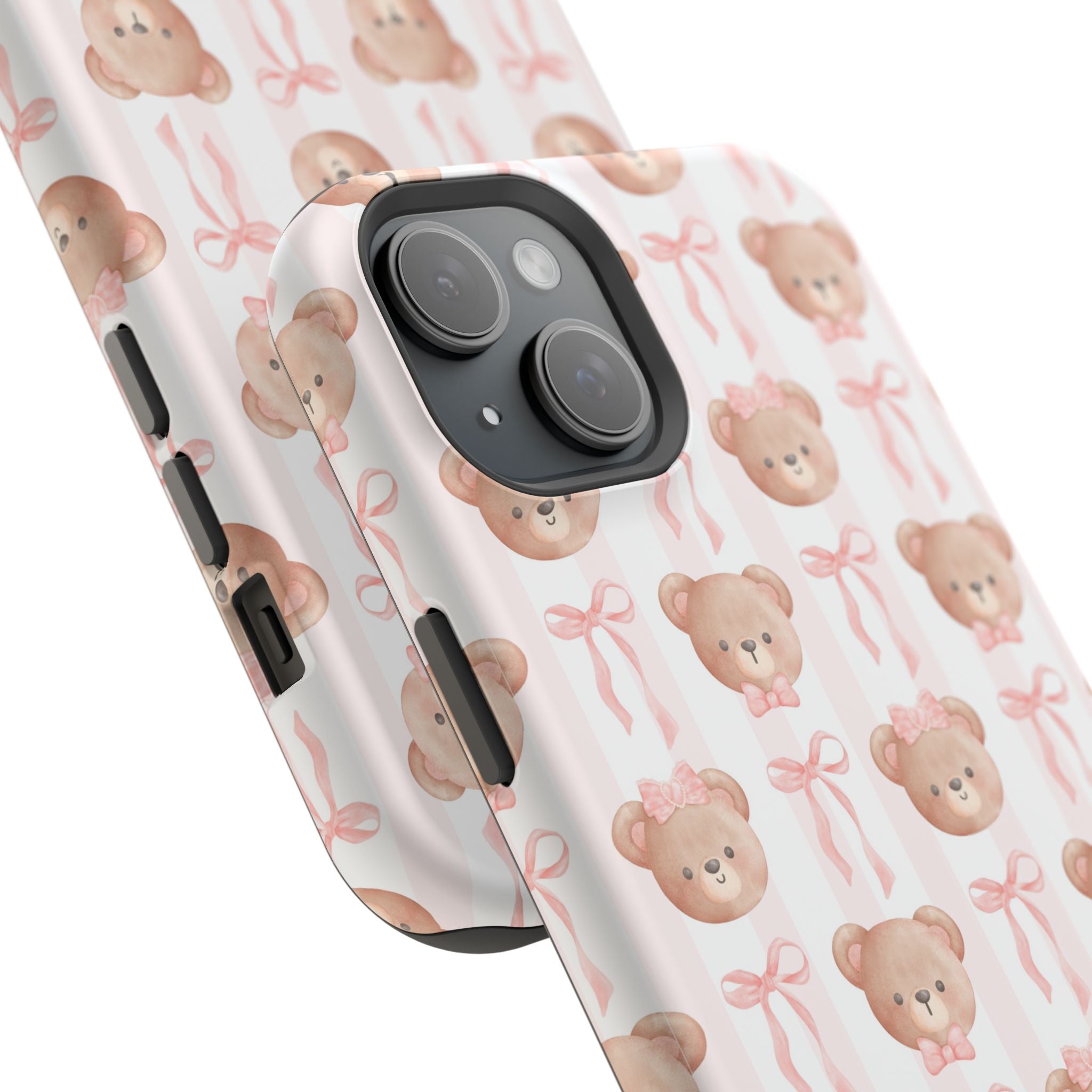 Cute phone case with playful bear design and pink bows, perfect for adding a cheerful vibe and protection to your device.