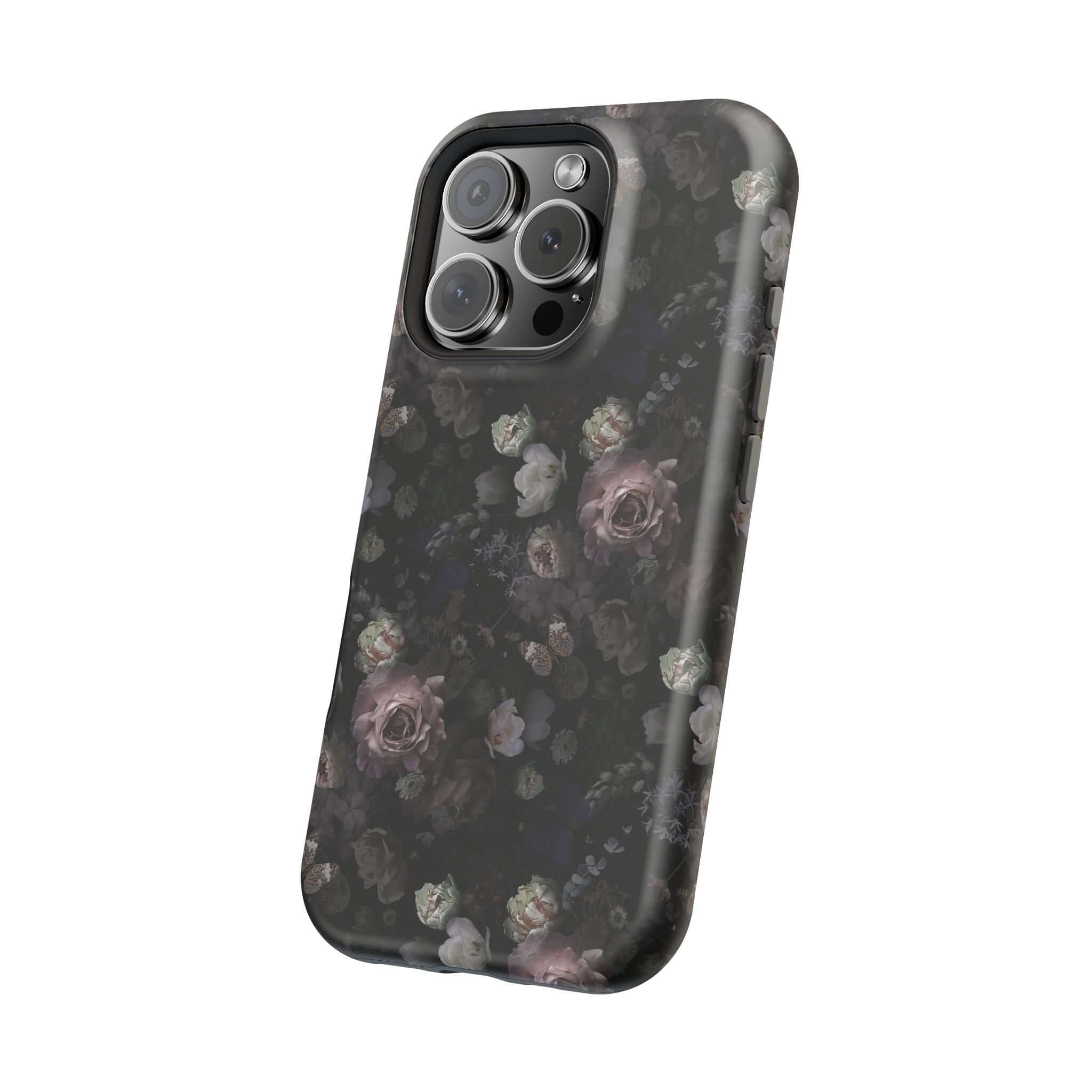 Midnight Curse Black Floral MagSafe iPhone Case with cute dark roses, perfect for stylish phone protection.