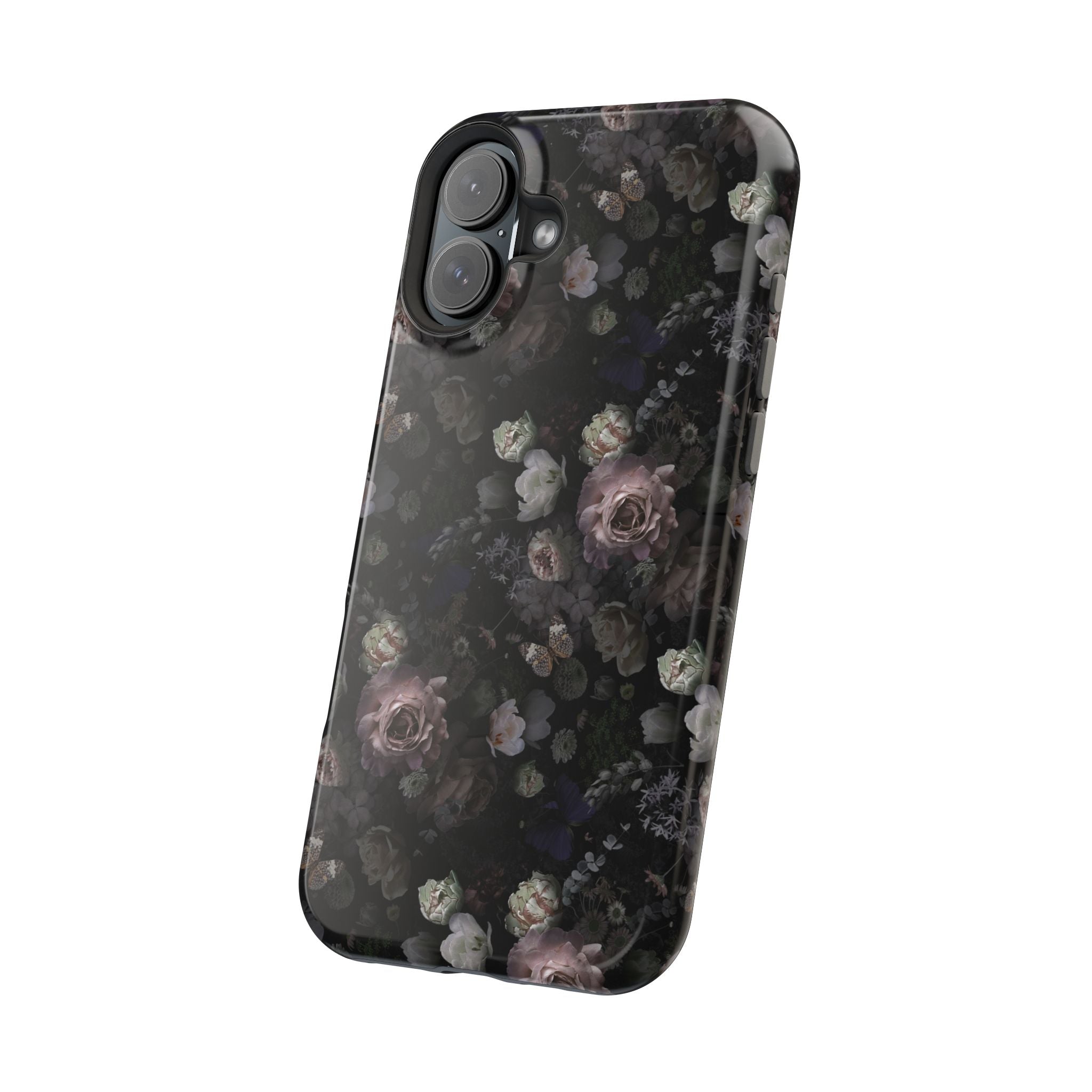 Midnight Curse Black Floral MagSafe iPhone Case with cute black roses, a stylish phone cover for trendsetters.