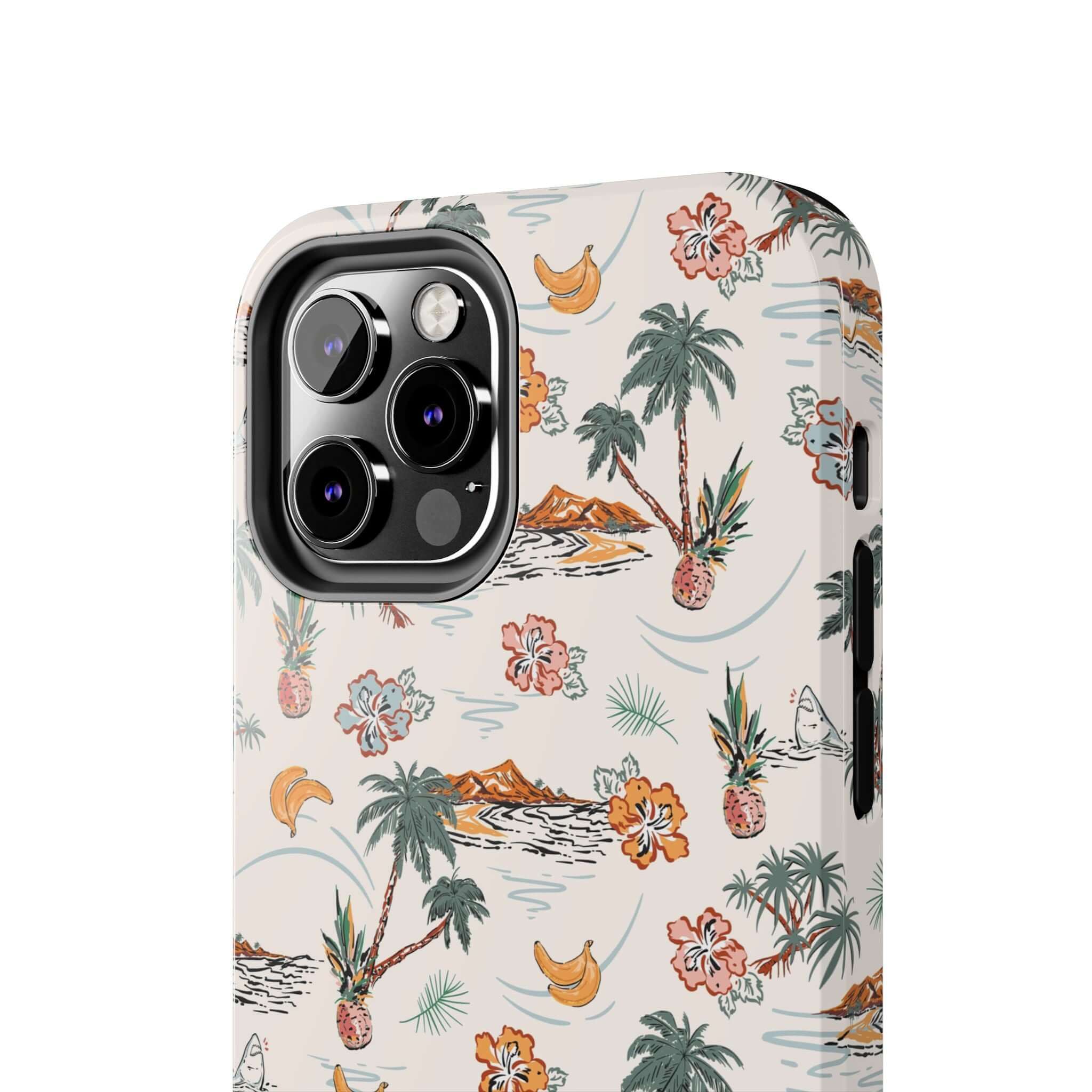 Tropical Vacation cute iPhone 14 case with palm tree design. Cute phone cover with free shipping for iPhone beach getaways.