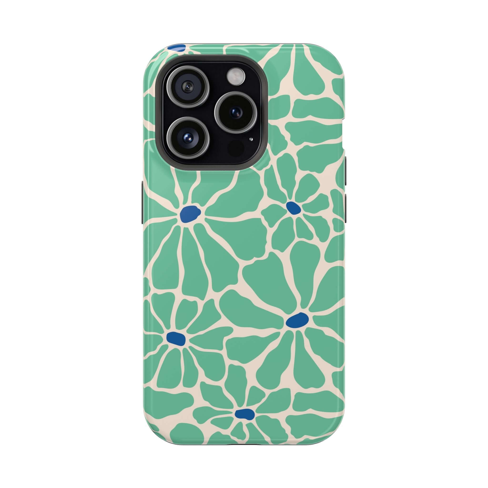 Cute phone cover featuring a retro floral design in green and blue for Apple iPhone, perfect for tropical vibes.