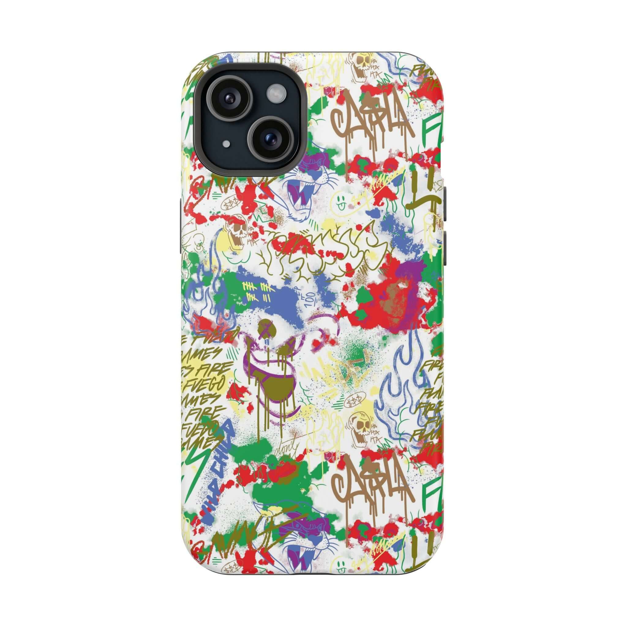 Colorful graffiti phone case showcasing vibrant street art design, perfect cute phone cover for iPhone lovers.