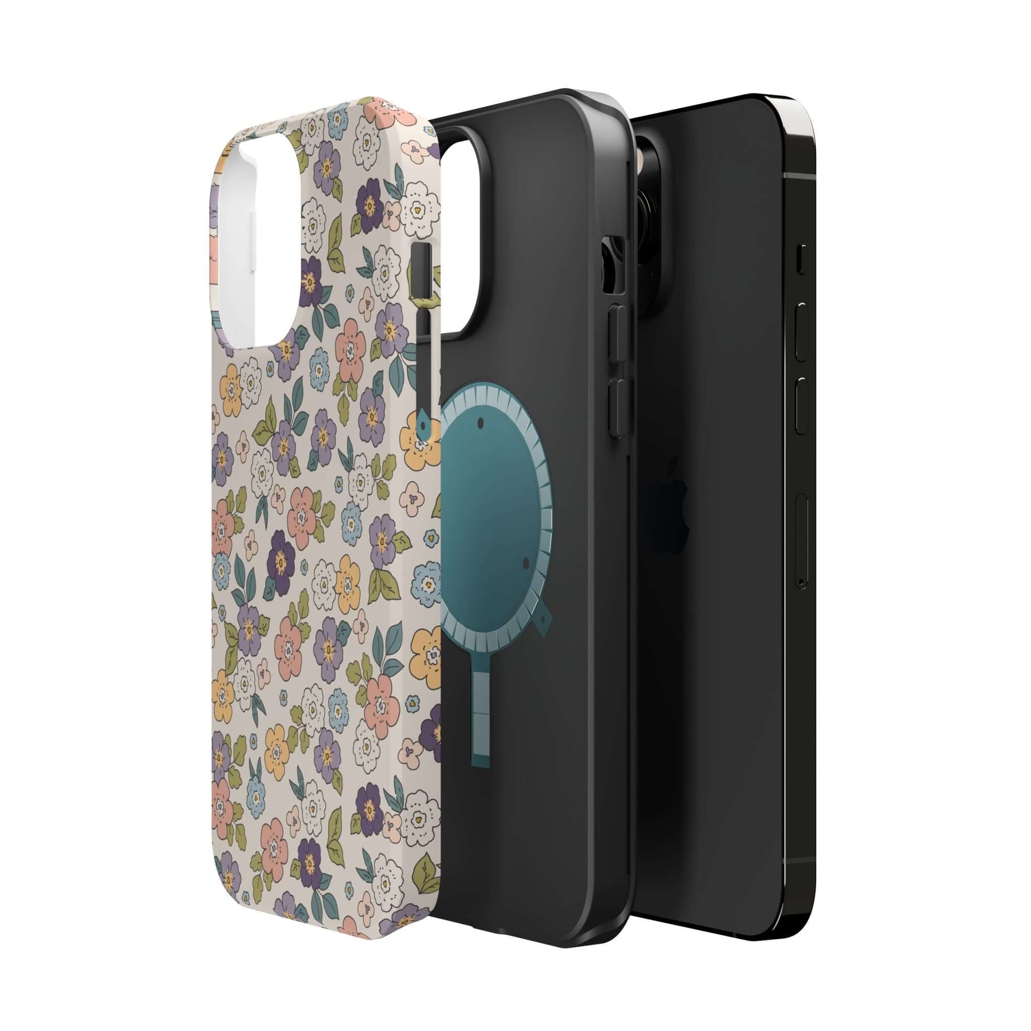 Colorful Ditsy Daisies iPhone case alongside a sleek black phone cover, showcasing cute phone accessories for stylish users.