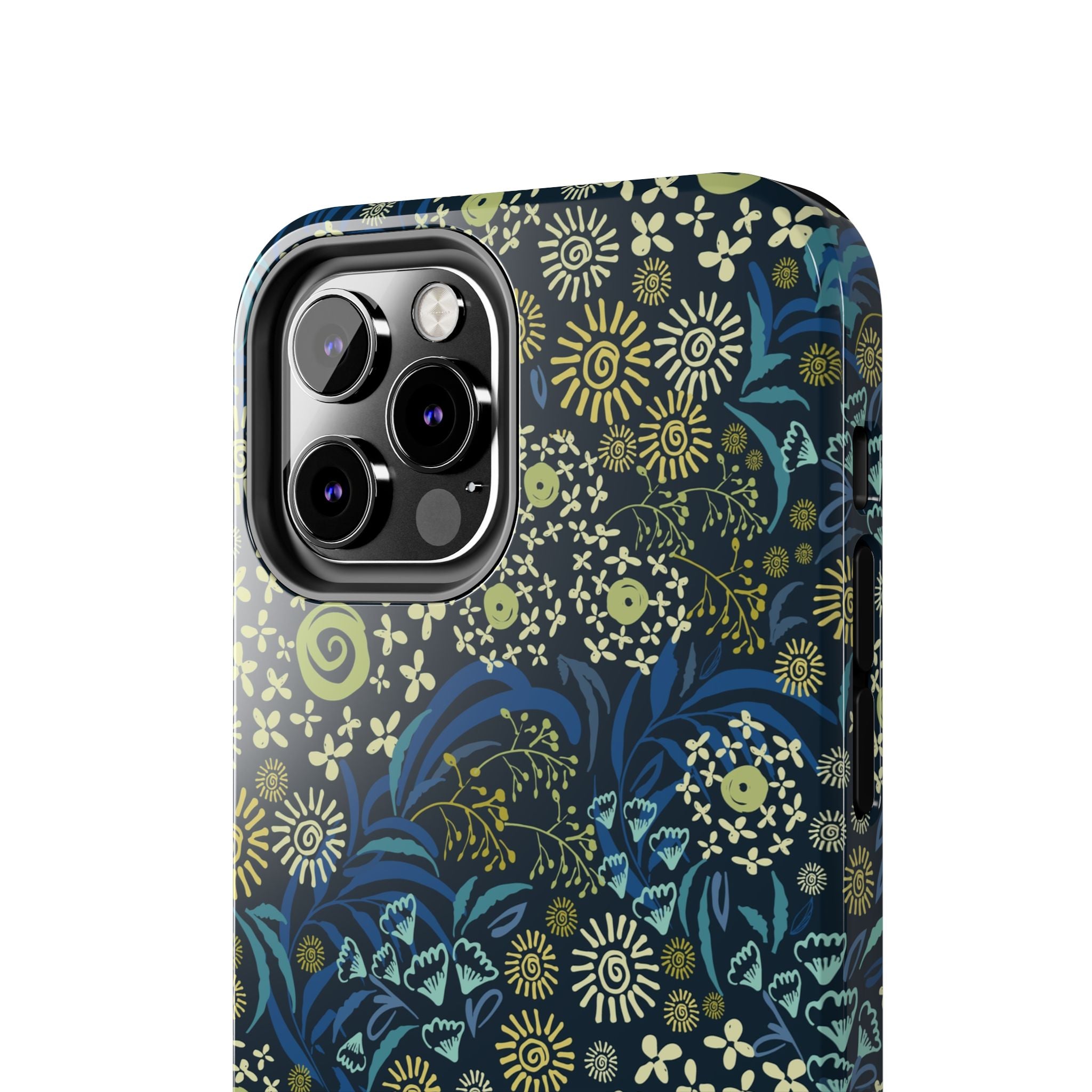 Botanic Breeze Blue Floral Case on an iPhone, showcasing cute protective iPhone cover with whimsical blue flower design.