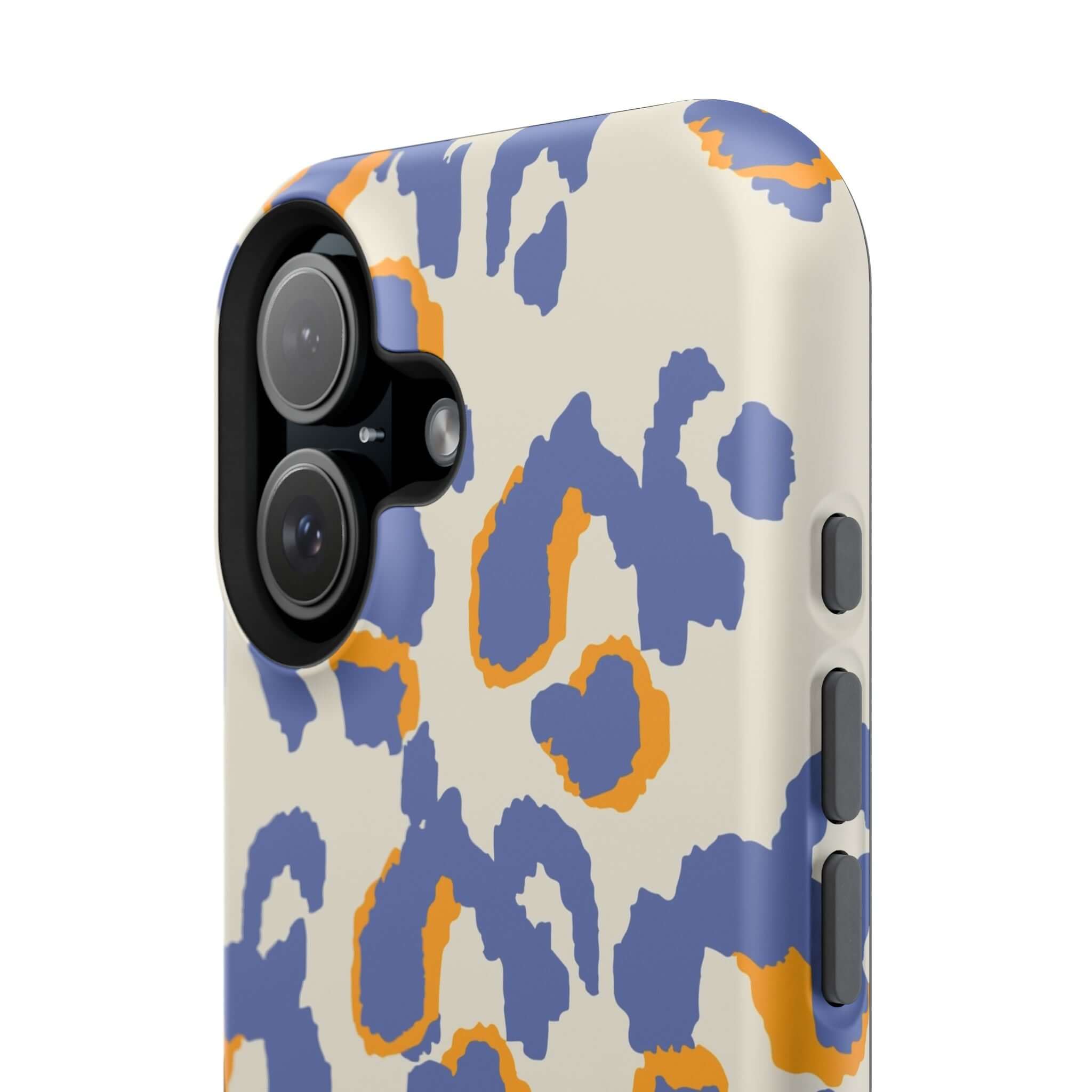 Blue Leopard Abstract iPhone Case with MagSafe, Colorful and Cute, Safari Blaze Design with Wild Print