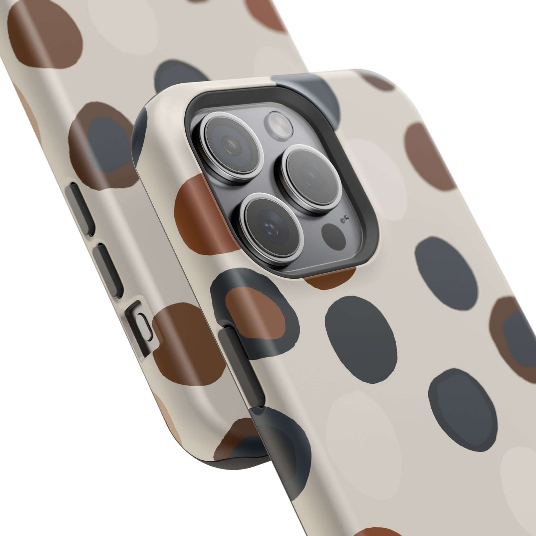 Chic iPhone case with abstract brown spots, perfect for fashion-forward adventurers. Stylish and cute MagSafe phone protection.