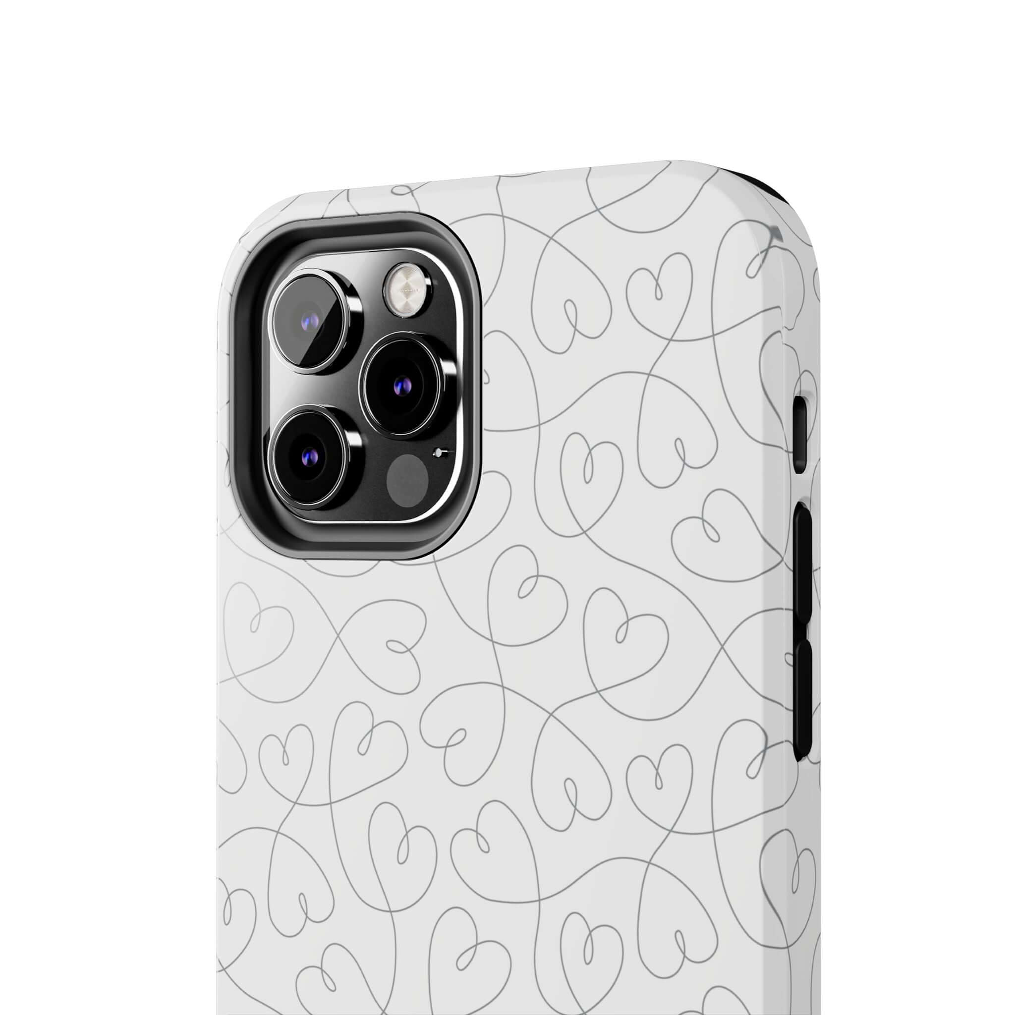 Silver Hearts Romance iPhone 14 Pro Max Case with abstract heart pattern, perfect for brides and weddings. Cute and stylish phone case.