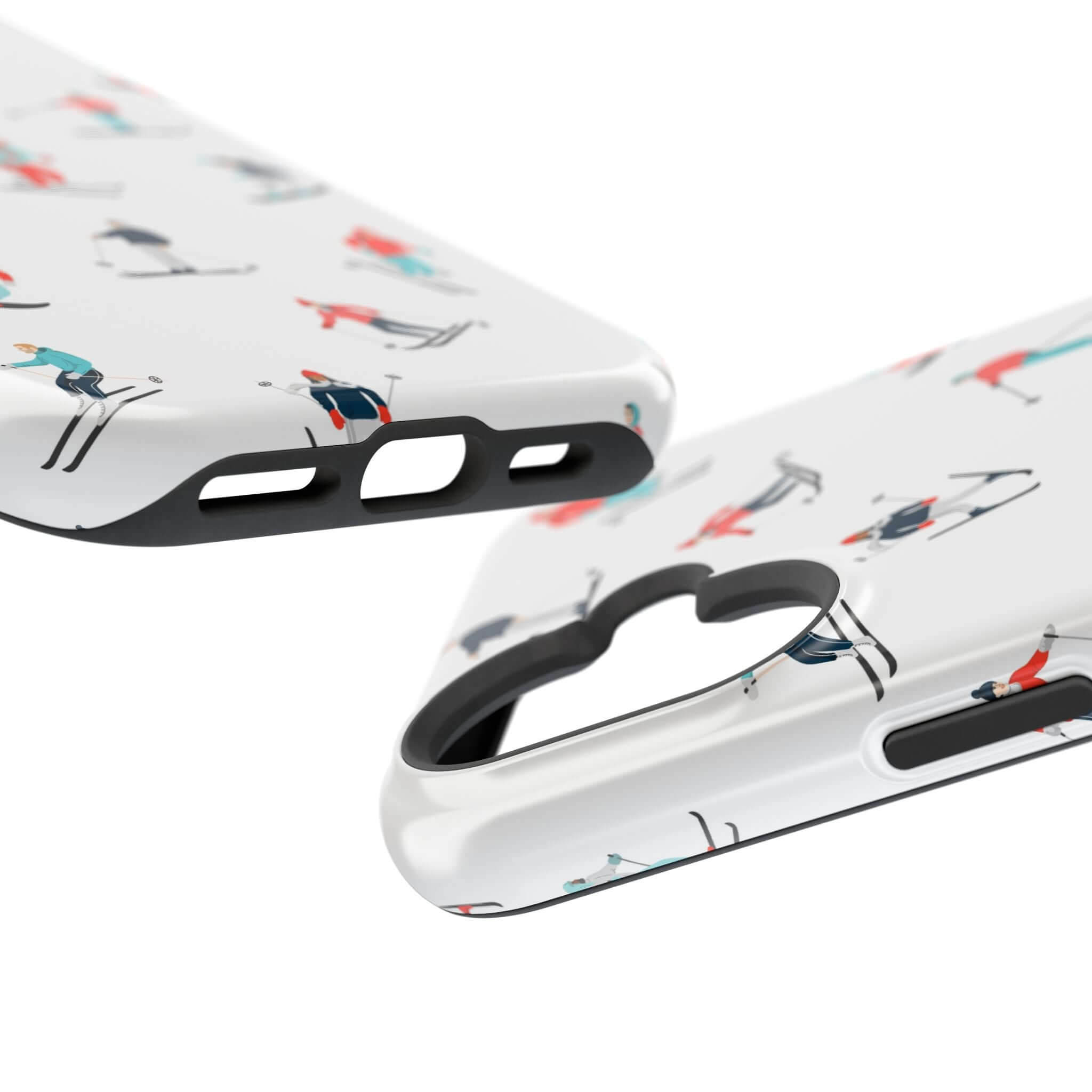 Cute phone cover featuring skiers, perfect winter phone case for iPhone with a fun design and MagSafe compatibility.