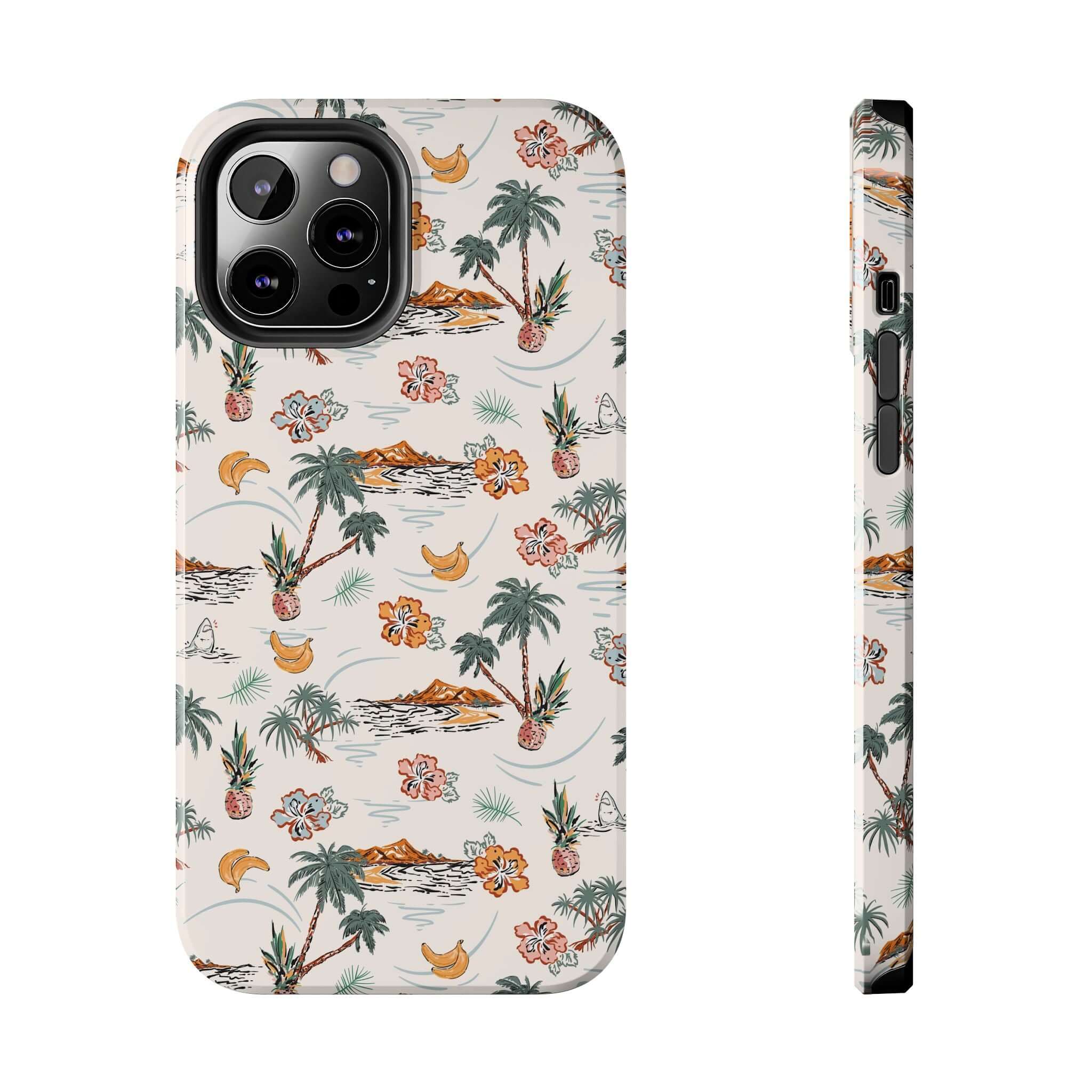 Cute iPhone 14 Tropical Vacation Beach Case with palm tree design, perfect phone cover for beach getaways, free shipping