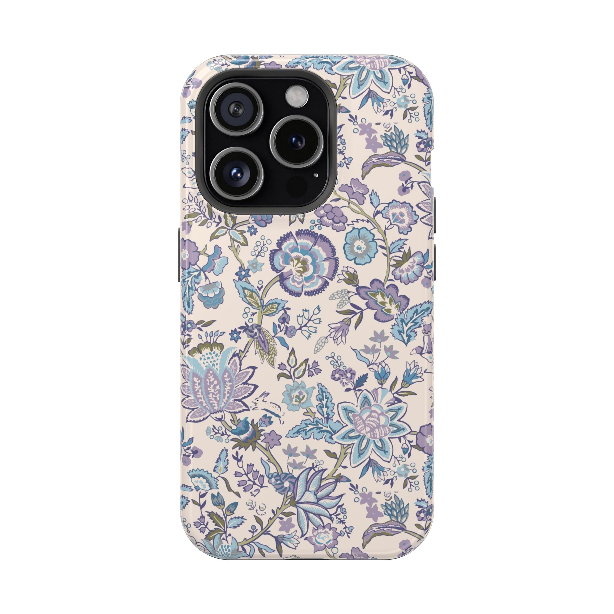 Blue CottageCore floral MagSafe iPhone case, cute phone cover with whimsical garden design, perfect for nature lovers.