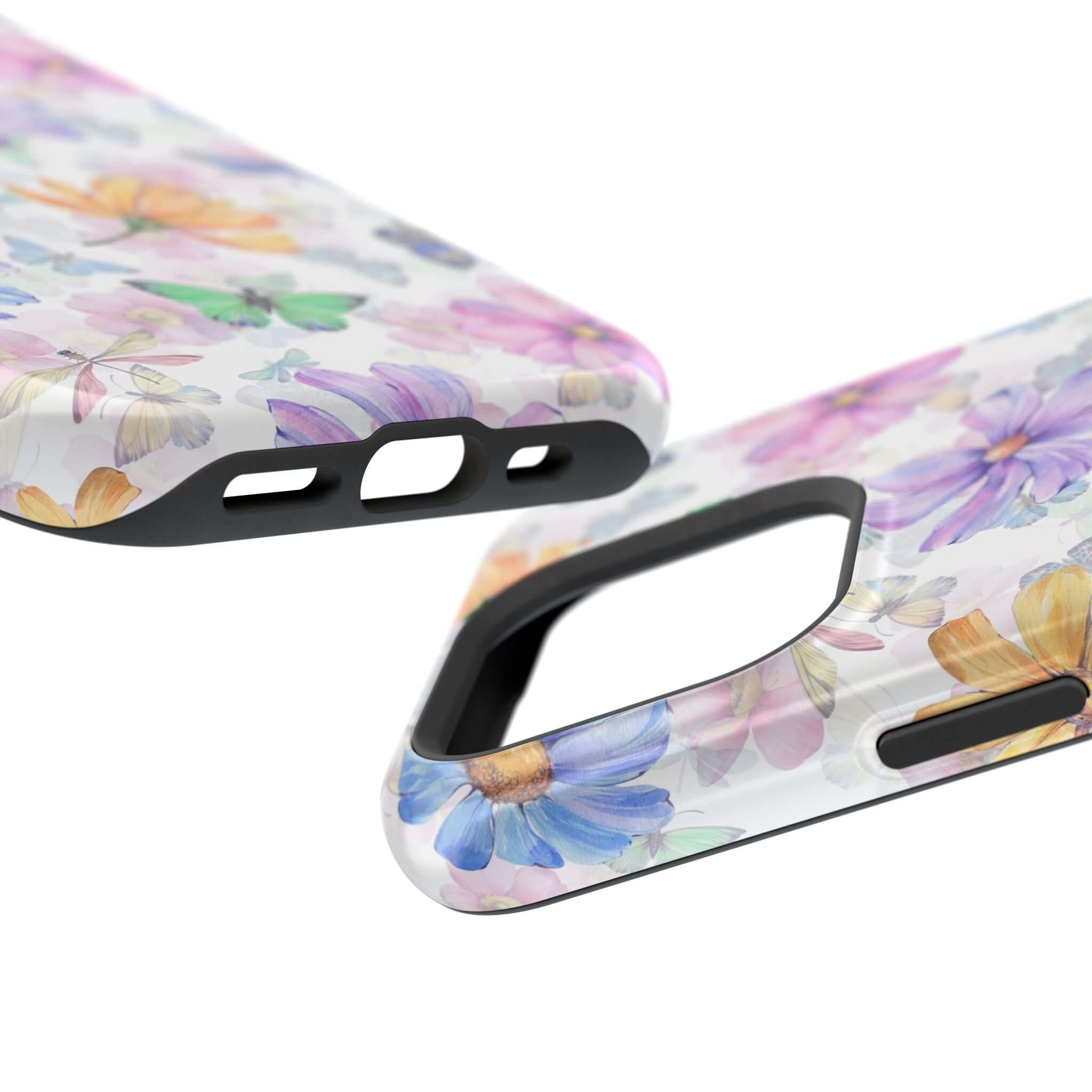 Fluttering Blooms Watercolor Butterfly iPhone 16 Case with colorful flowers, cute MagSafe compatibility, and protective design.