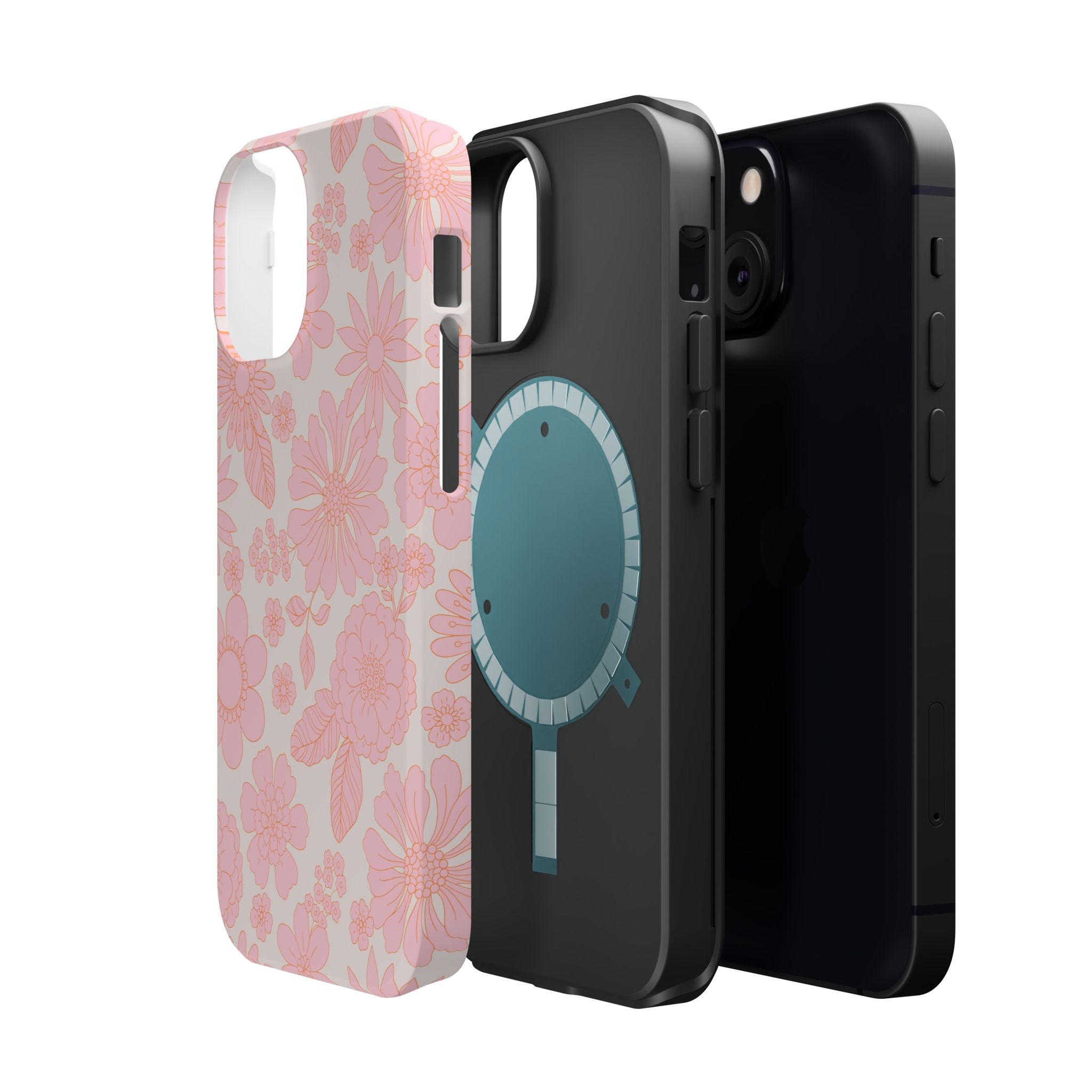 Pink floral MagSafe iPhone 16 case, Charming Petals design, showcasing cute phone cover with cottagecore aesthetic.