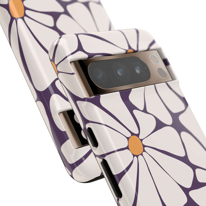 Retro flower phone case with purple and white daisy design on Samsung and Pixel devices