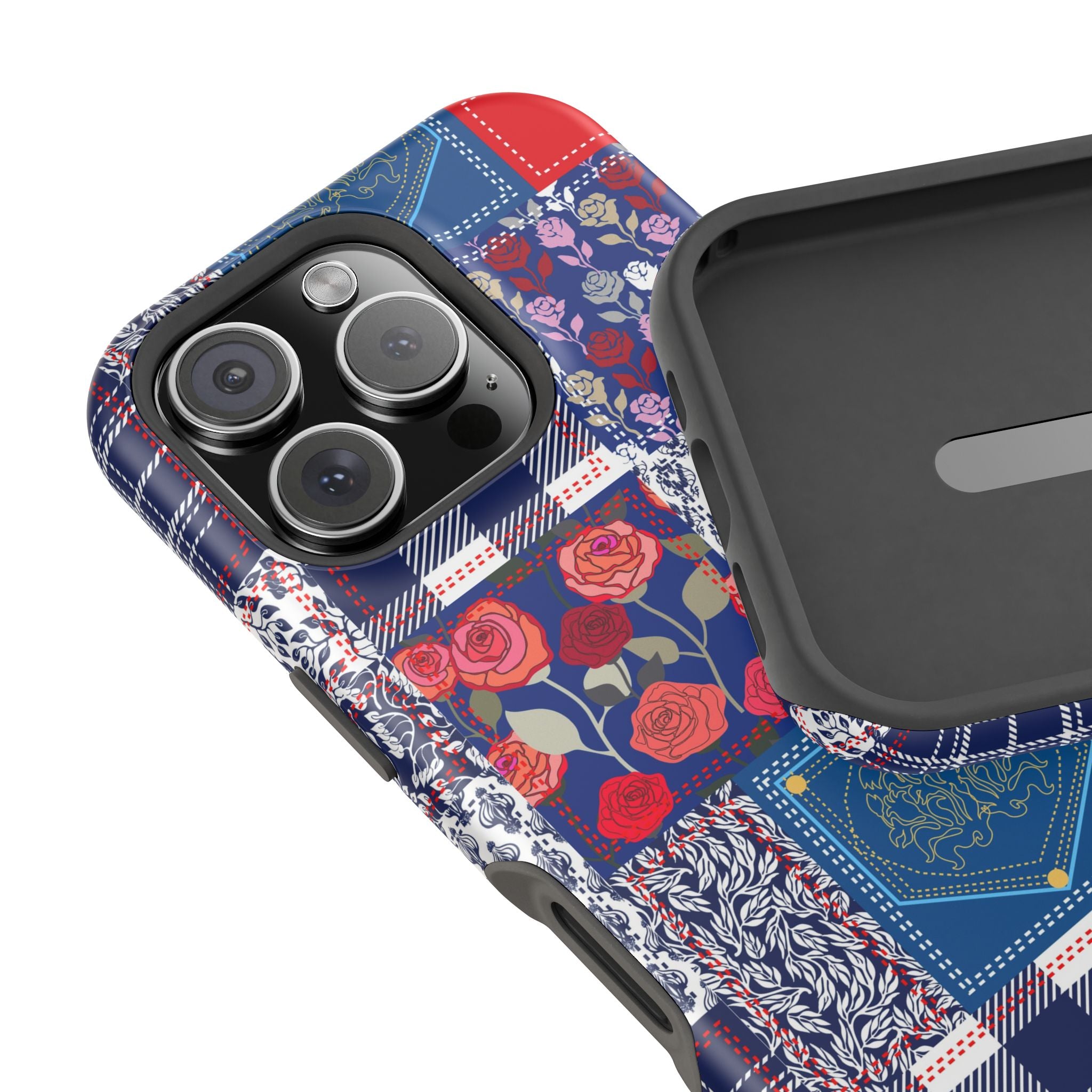 Crimson Bloom | Blue Patchwork Case