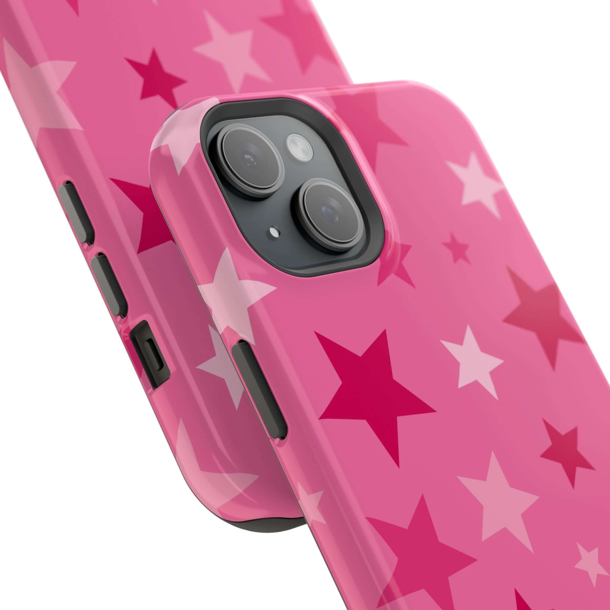 Cute pink stars MagSafe iPhone case featuring a glossy finish, perfect for adding flair and protection to your phone.